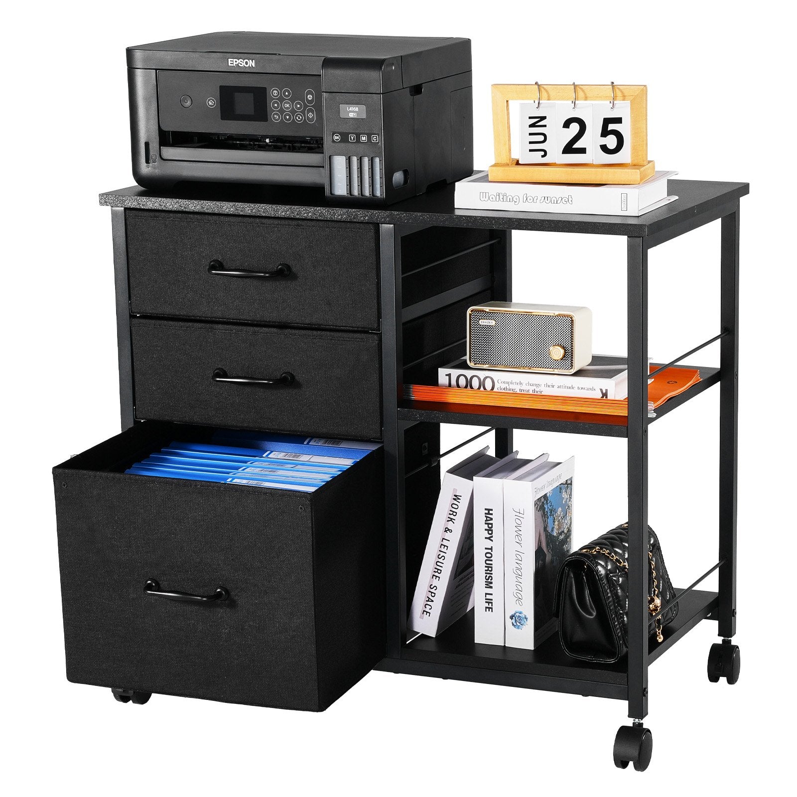Mobile Metal File Cabinet with 3 Fabric Drawers and 2 Open Shelves Black V952-JSHXWJGJTMZWYX3KK001V0
