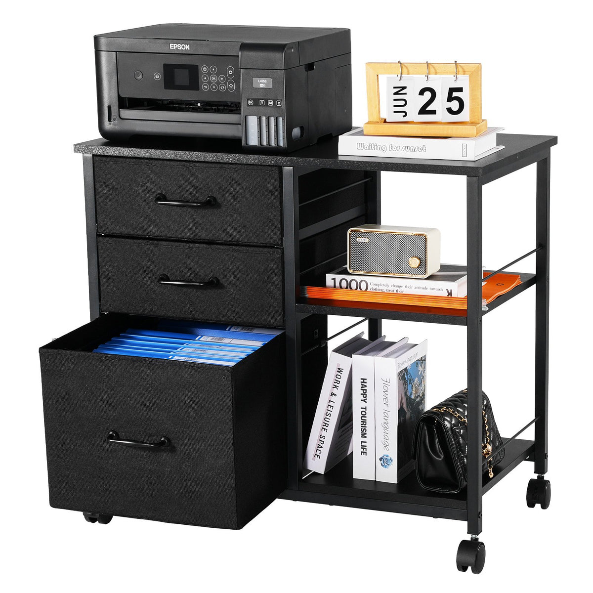 Mobile Metal File Cabinet with 3 Fabric Drawers and 2 Open Shelves Black V952-JSHXWJGJTMZWYX3KK001V0