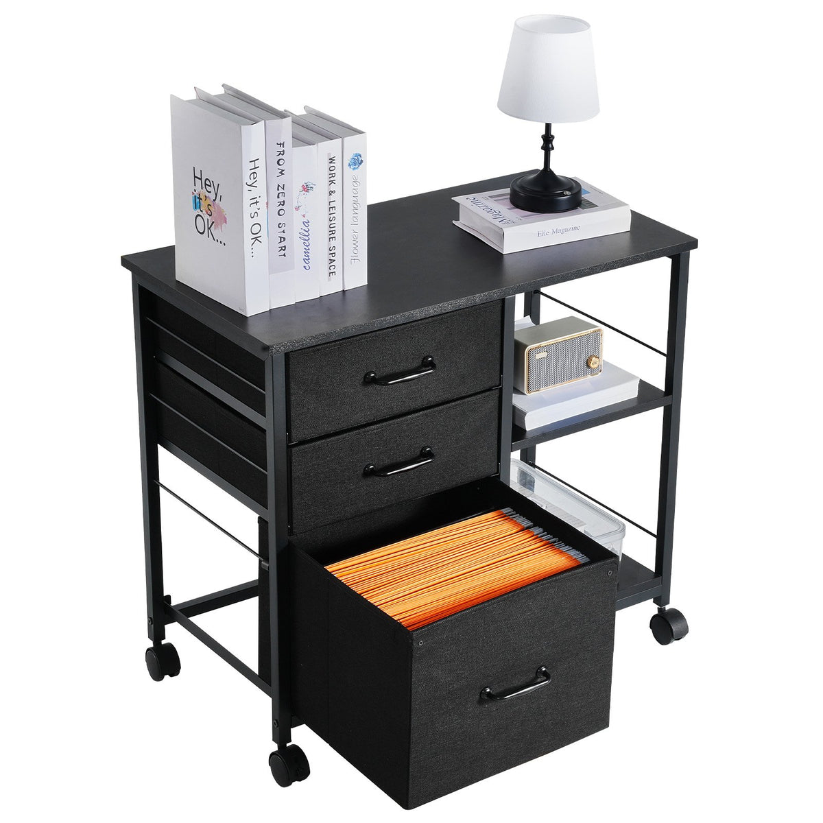 Mobile Metal File Cabinet with 3 Fabric Drawers and 2 Open Shelves Black V952-JSHXWJGJTMZWYX3KK001V0