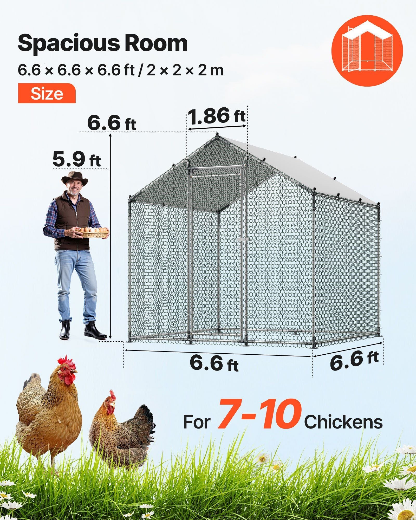 Metal Chicken Coop, 6.56x6.56x6.56ft Large Walk-in Chicken Runs with Cover, Spire Roof Hen House Enclosure V952-JSJS222MJDDM0VGWG001V0