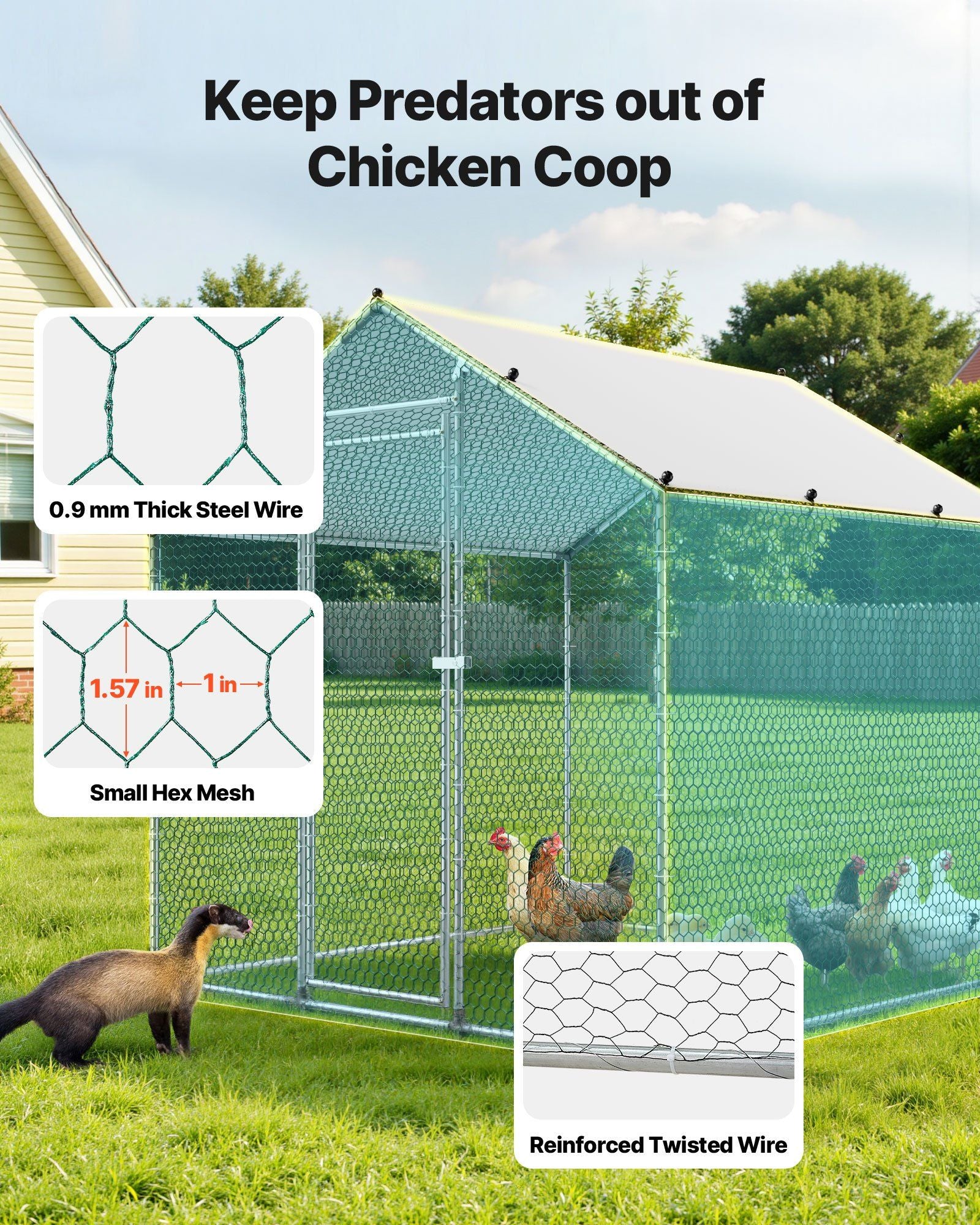 Metal Chicken Coop, 6.56x6.56x6.56ft Large Walk-in Chicken Runs with Cover, Spire Roof Hen House Enclosure V952-JSJS222MJDDM0VGWG001V0