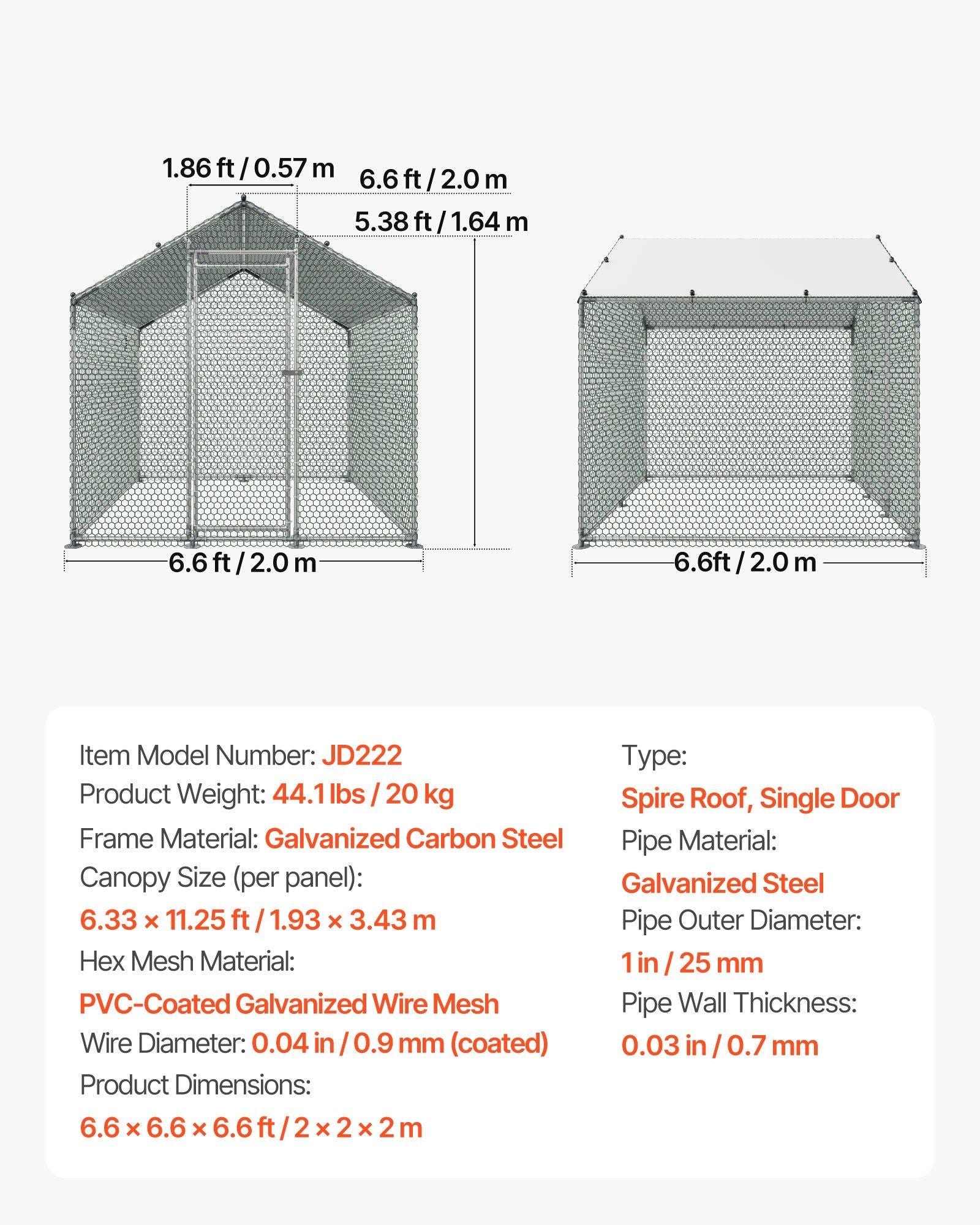 Metal Chicken Coop, 6.56x6.56x6.56ft Large Walk-in Chicken Runs with Cover, Spire Roof Hen House Enclosure V952-JSJS222MJDDM0VGWG001V0