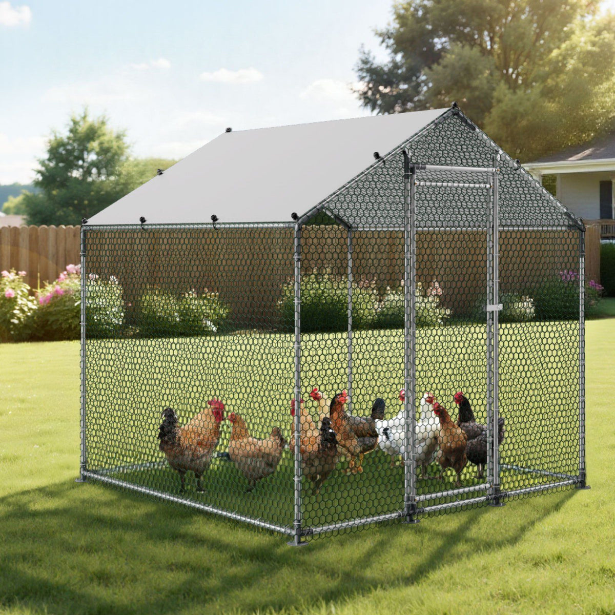 Metal Chicken Coop, 6.56x6.56x6.56ft Large Walk-in Chicken Runs with Cover, Spire Roof Hen House Enclosure V952-JSJS222MJDDM0VGWG001V0