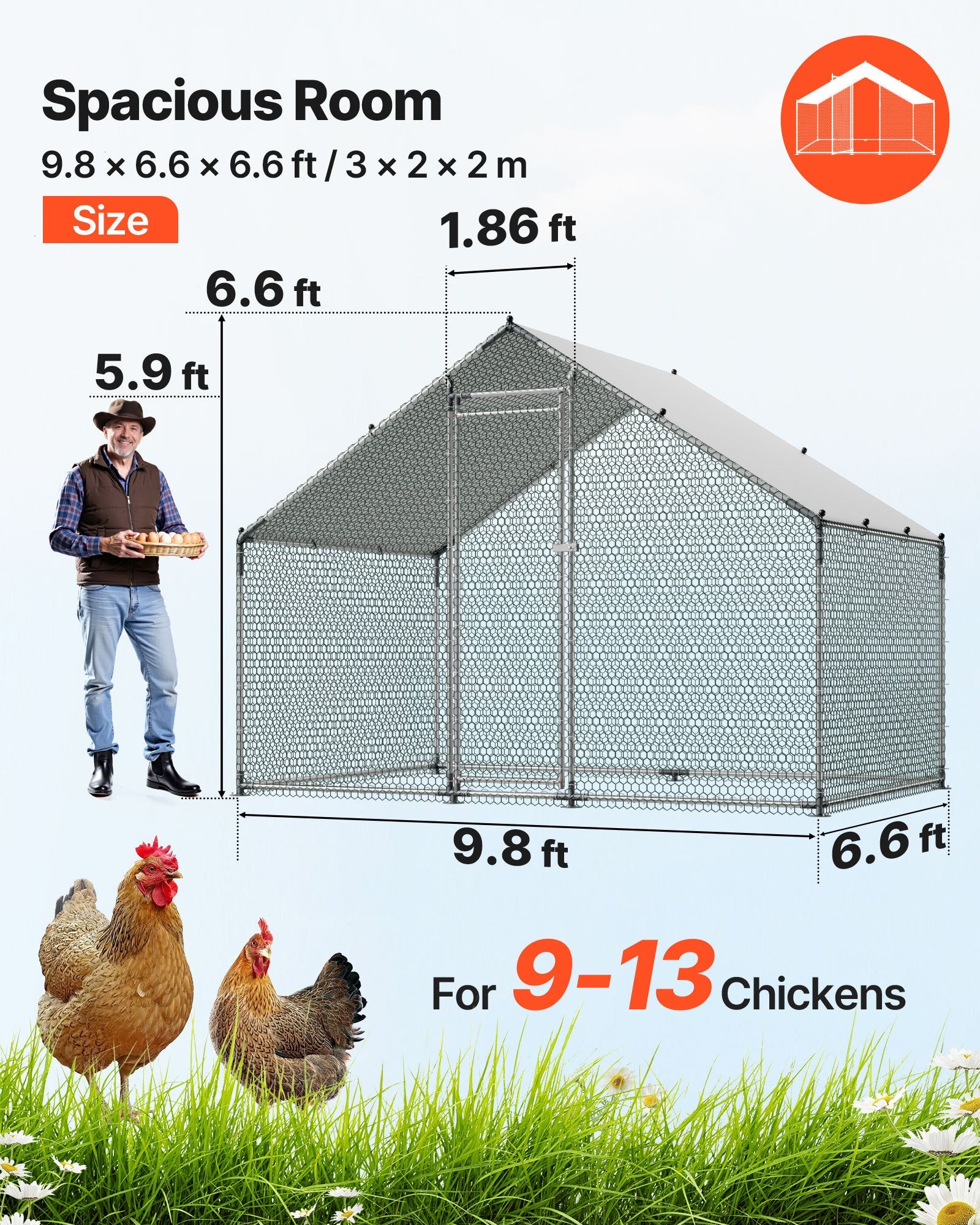 Metal Chicken Coop, 9.8x6.5x6.5ft Large Walk-in Chicken Runs with Cover, Spire Roof Hen House Enclosure with V952-JSJS322MJDDM8HJCX001V0