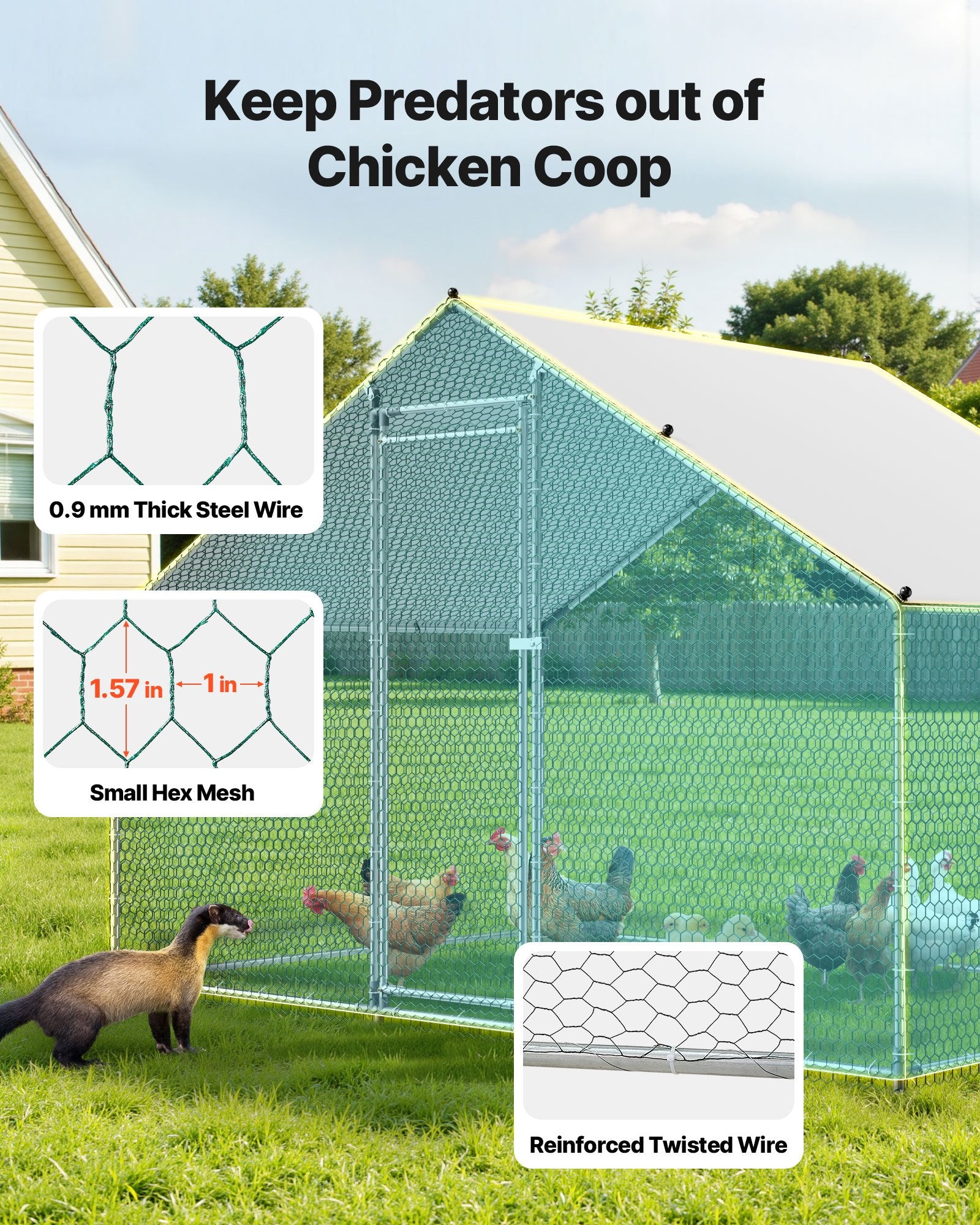 Metal Chicken Coop, 9.8x6.5x6.5ft Large Walk-in Chicken Runs with Cover, Spire Roof Hen House Enclosure with V952-JSJS322MJDDM8HJCX001V0