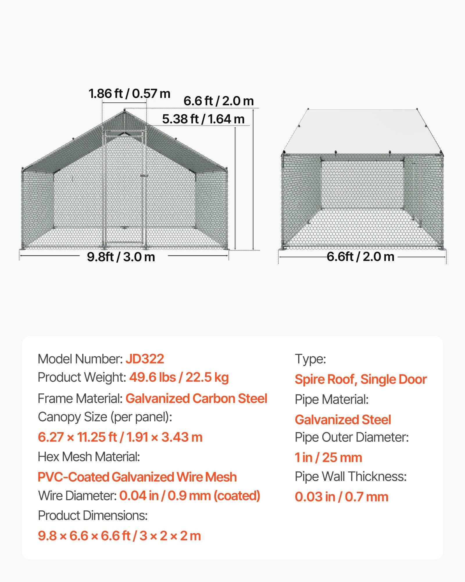 Metal Chicken Coop, 9.8x6.5x6.5ft Large Walk-in Chicken Runs with Cover, Spire Roof Hen House Enclosure with V952-JSJS322MJDDM8HJCX001V0