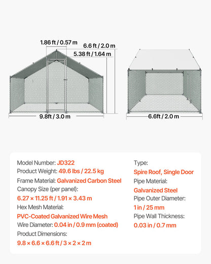 Metal Chicken Coop, 9.8x6.5x6.5ft Large Walk-in Chicken Runs with Cover, Spire Roof Hen House Enclosure with V952-JSJS322MJDDM8HJCX001V0