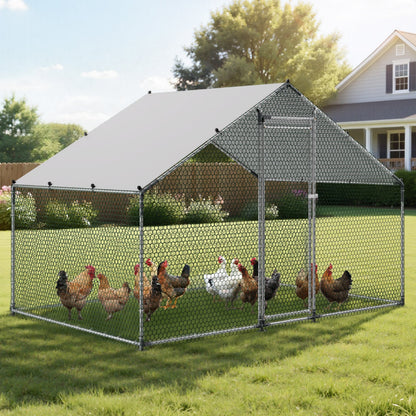 Metal Chicken Coop, 9.8x6.5x6.5ft Large Walk-in Chicken Runs with Cover, Spire Roof Hen House Enclosure with V952-JSJS322MJDDM8HJCX001V0