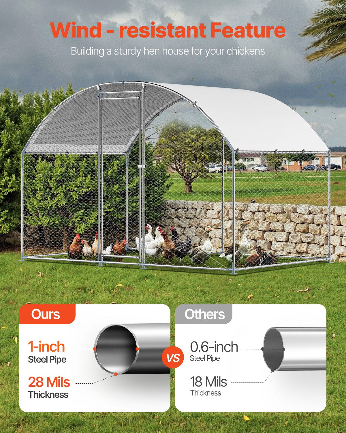 Metal Chicken Coop, 9.8x6.5x6.5ft Large Walk-in Chicken Runs with Cover, Doom Roof Hen House Enclosure with V952-JSJS322MYDDMEUEN5001V0