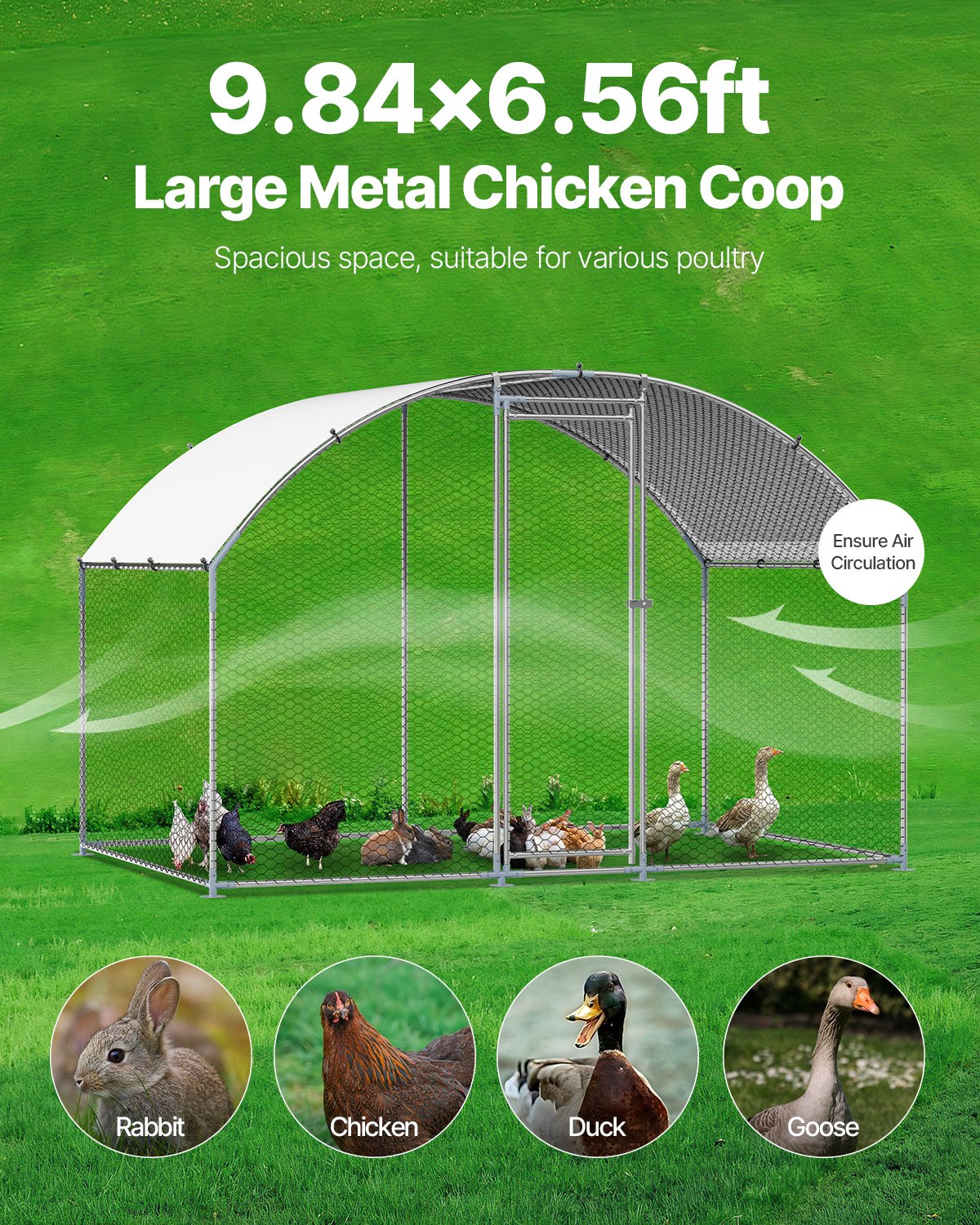 Metal Chicken Coop, 9.8x6.5x6.5ft Large Walk-in Chicken Runs with Cover, Doom Roof Hen House Enclosure with V952-JSJS322MYDDMEUEN5001V0