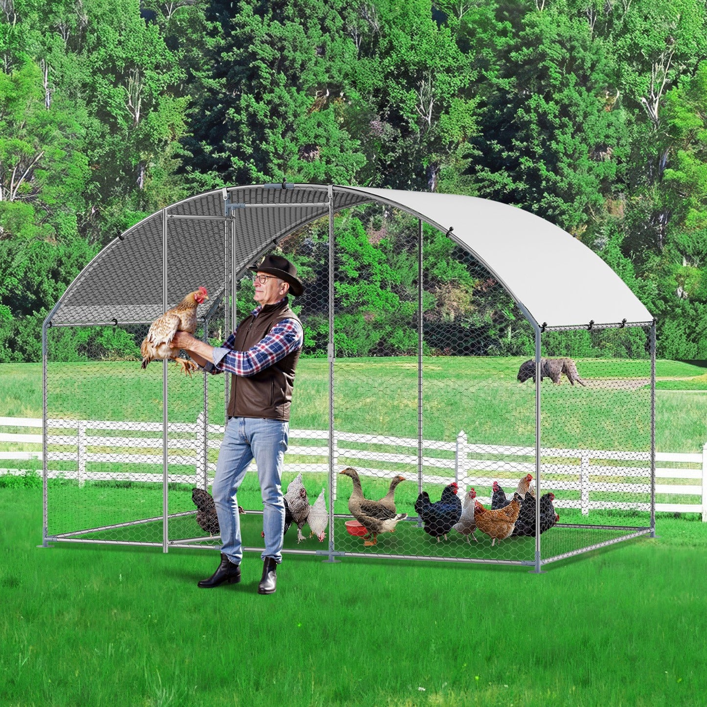 Metal Chicken Coop, 9.8x6.5x6.5ft Large Walk-in Chicken Runs with Cover, Doom Roof Hen House Enclosure with V952-JSJS322MYDDMEUEN5001V0
