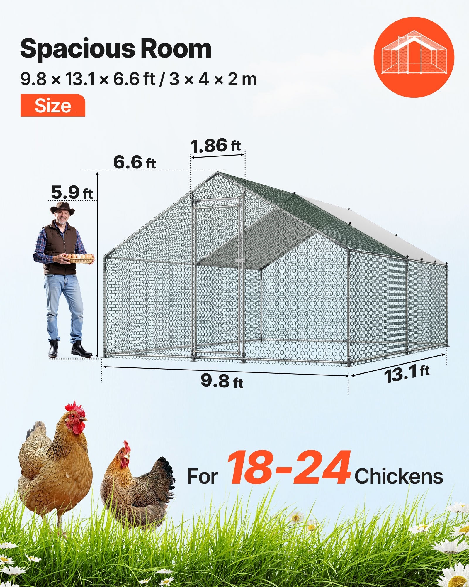 Metal Chicken Coop, 9.8x13.1x6.5 ft Large Walk-in Chicken Runs with Cover, Spire Roof Hen House Enclosure V952-JSJS342MJDDMF1LS3001V0