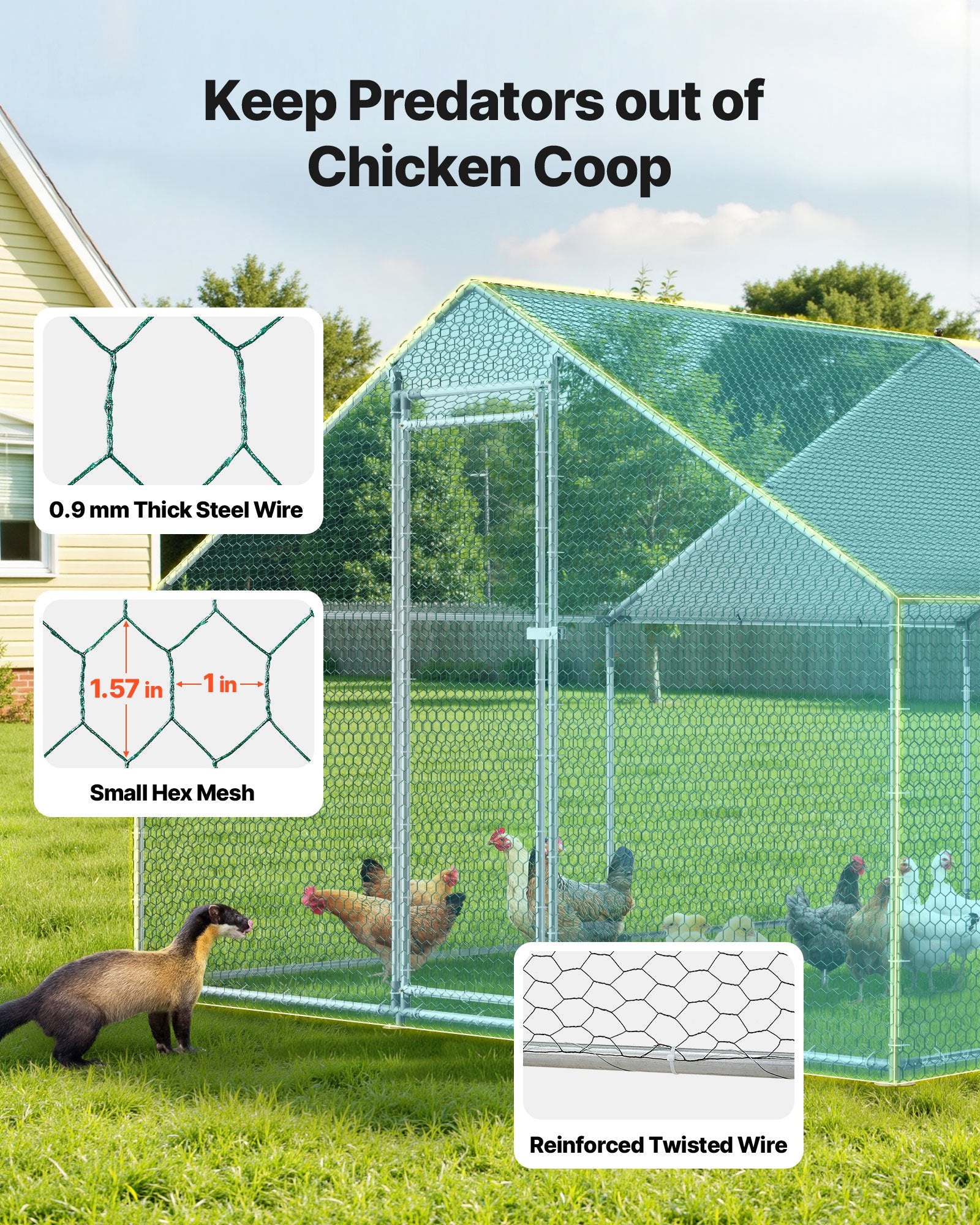 Metal Chicken Coop, 9.8x13.1x6.5 ft Large Walk-in Chicken Runs with Cover, Spire Roof Hen House Enclosure V952-JSJS342MJDDMF1LS3001V0
