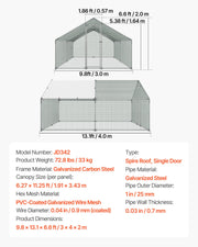 Metal Chicken Coop, 9.8x13.1x6.5 ft Large Walk-in Chicken Runs with Cover, Spire Roof Hen House Enclosure V952-JSJS342MJDDMF1LS3001V0