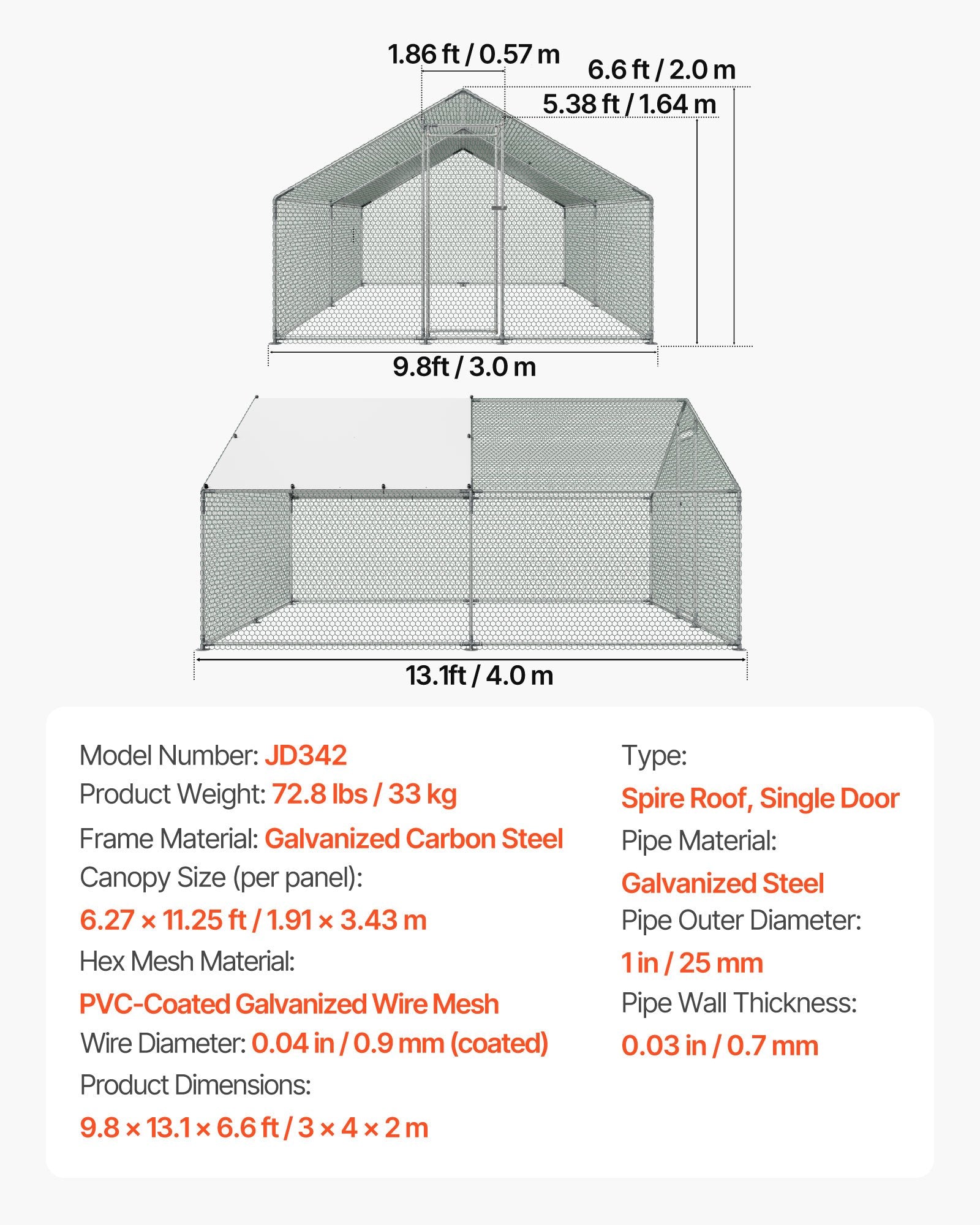 Metal Chicken Coop, 9.8x13.1x6.5 ft Large Walk-in Chicken Runs with Cover, Spire Roof Hen House Enclosure V952-JSJS342MJDDMF1LS3001V0