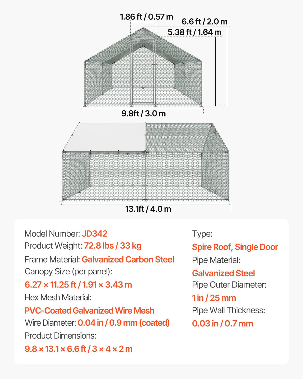 Metal Chicken Coop, 9.8x13.1x6.5 ft Large Walk-in Chicken Runs with Cover, Spire Roof Hen House Enclosure V952-JSJS342MJDDMF1LS3001V0