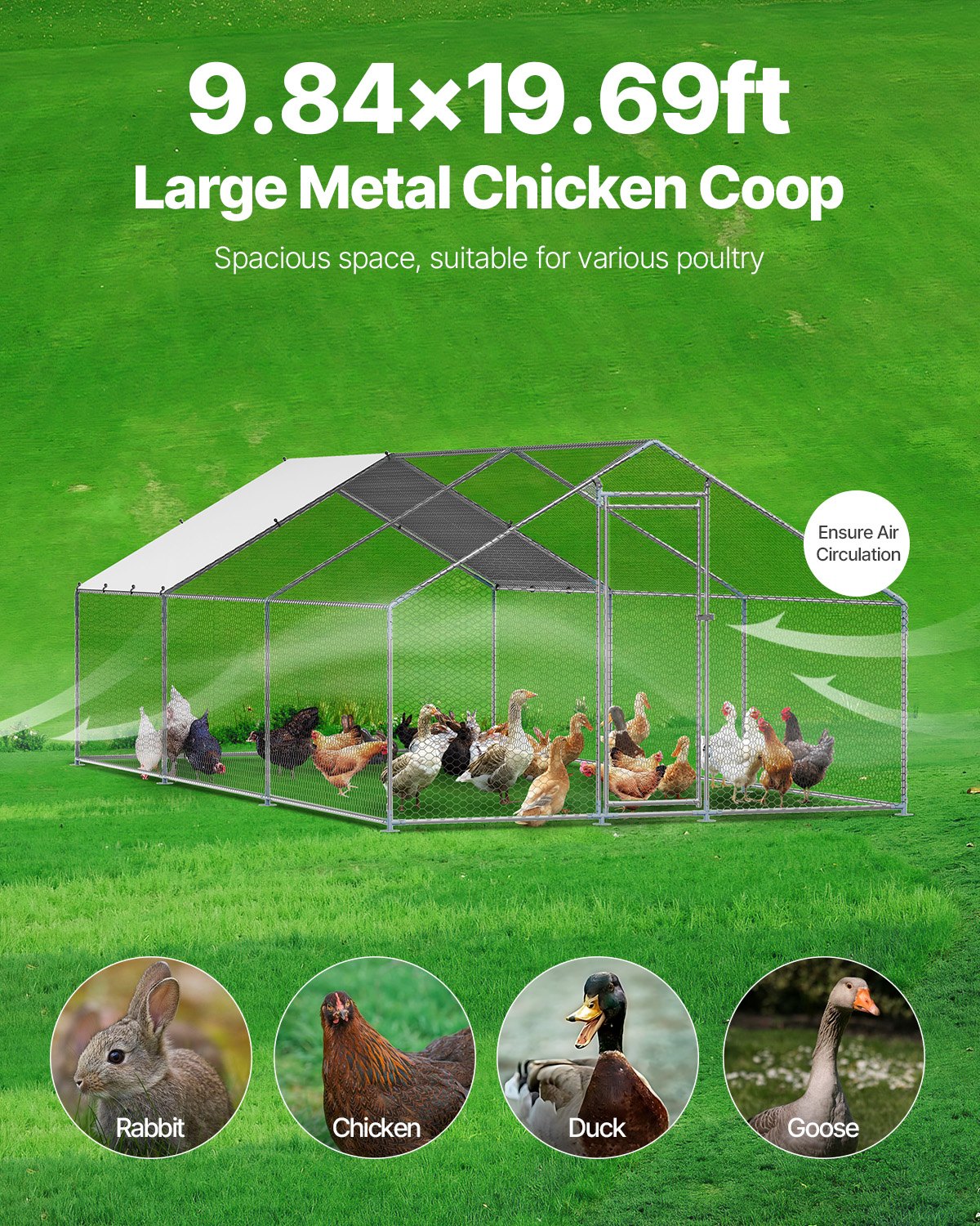 Metal Chicken Coop 9.8x19.6x6.5 ft Walk-in Chicken Run with Cover Spire Roof V952-JSJS362MJDDM8VS9P001V0
