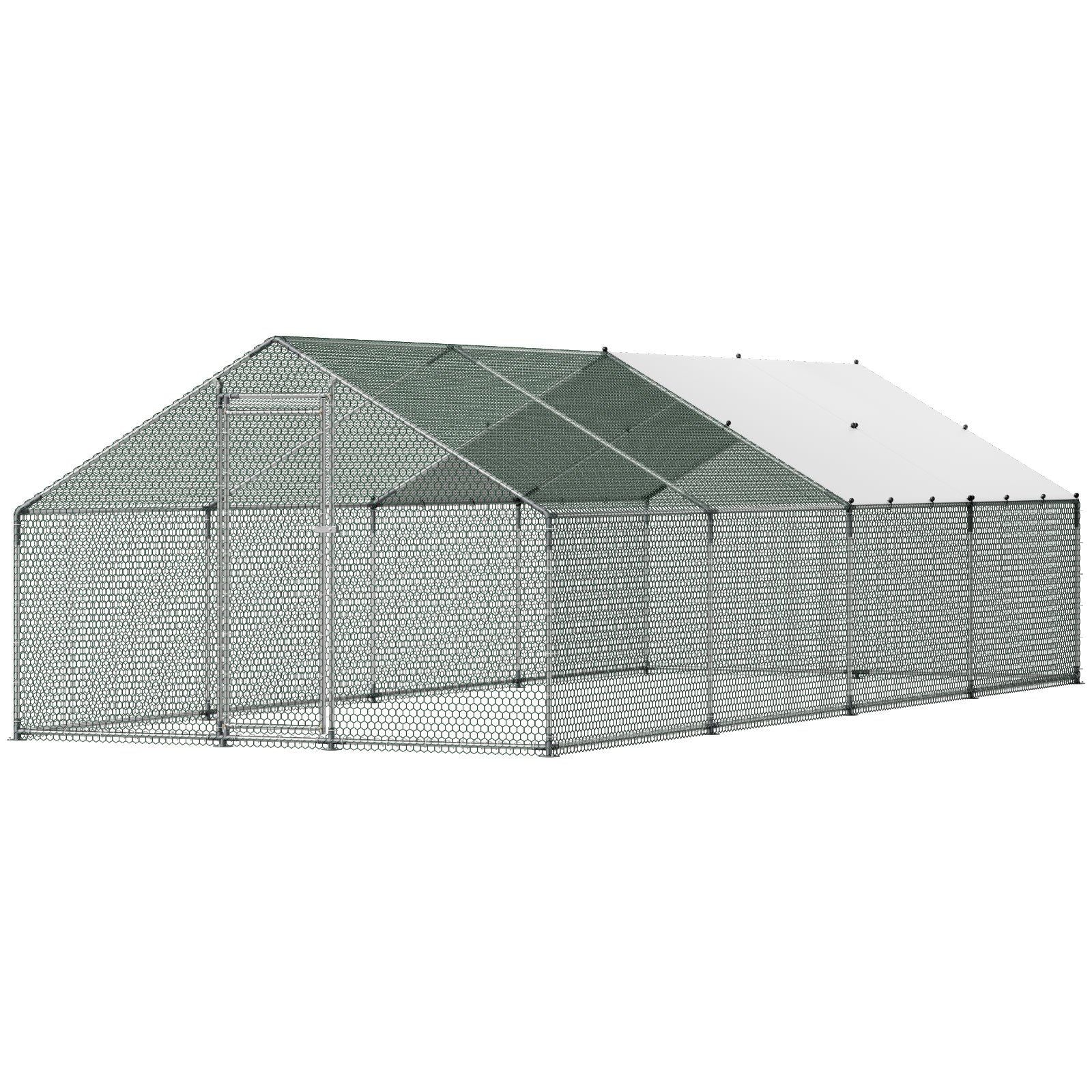 Metal Chicken Coop, 9.8x26.2x6.5 ft Large Walk-in Chicken Runs with Cover, Spire Roof Hen House Enclosure V952-JSJS382MJDDMBL240001V0