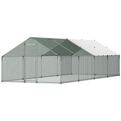 Metal Chicken Coop, 9.8x26.2x6.5 ft Large Walk-in Chicken Runs with Cover, Spire Roof Hen House Enclosure V952-JSJS382MJDDMBL240001V0