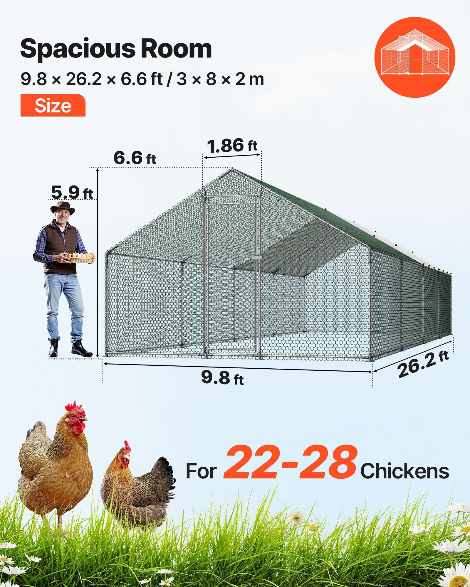 Metal Chicken Coop, 9.8x26.2x6.5 ft Large Walk-in Chicken Runs with Cover, Spire Roof Hen House Enclosure V952-JSJS382MJDDMBL240001V0