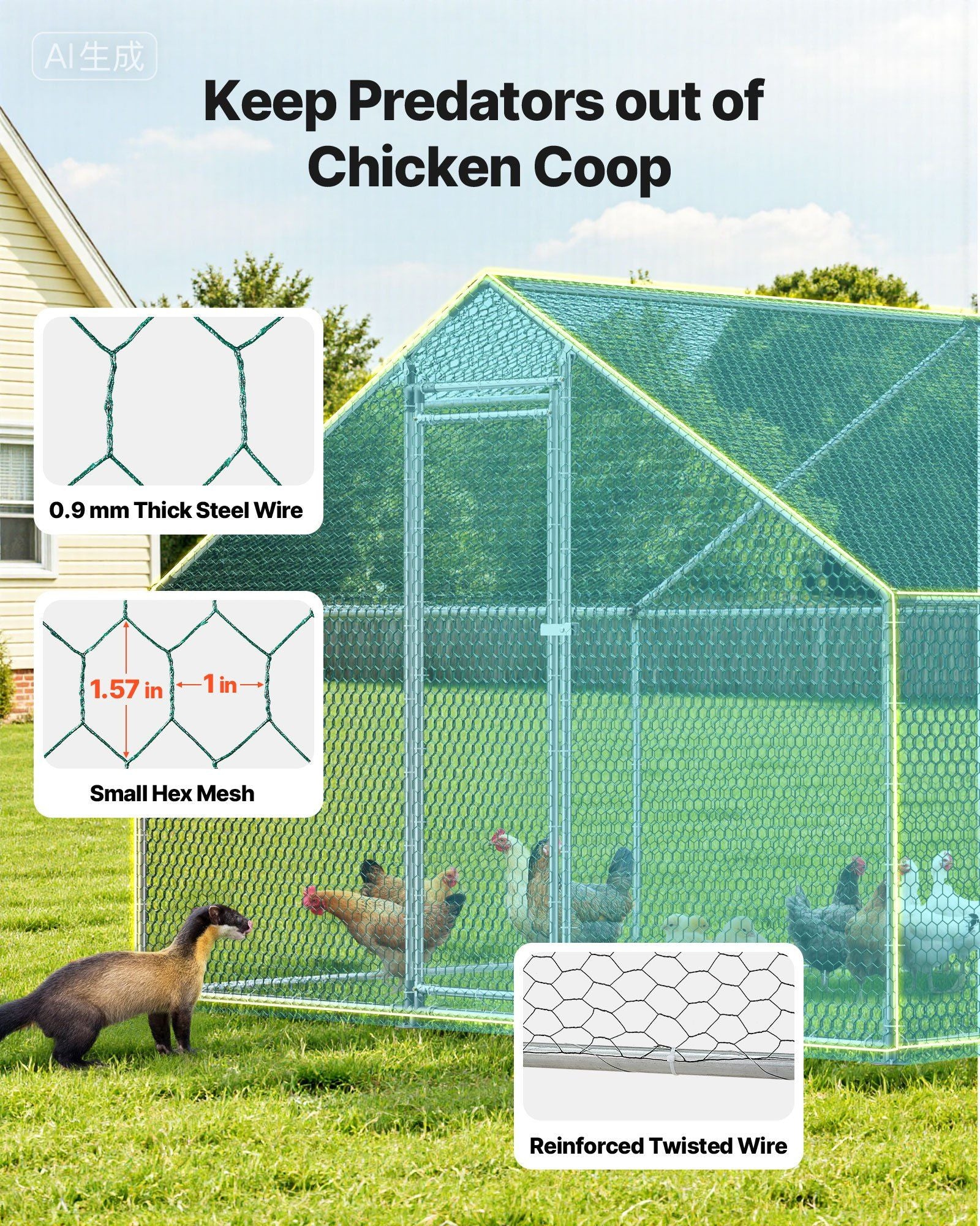 Metal Chicken Coop, 9.8x26.2x6.5 ft Large Walk-in Chicken Runs with Cover, Spire Roof Hen House Enclosure V952-JSJS382MJDDMBL240001V0