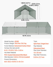 Metal Chicken Coop, 9.8x26.2x6.5 ft Large Walk-in Chicken Runs with Cover, Spire Roof Hen House Enclosure V952-JSJS382MJDDMBL240001V0