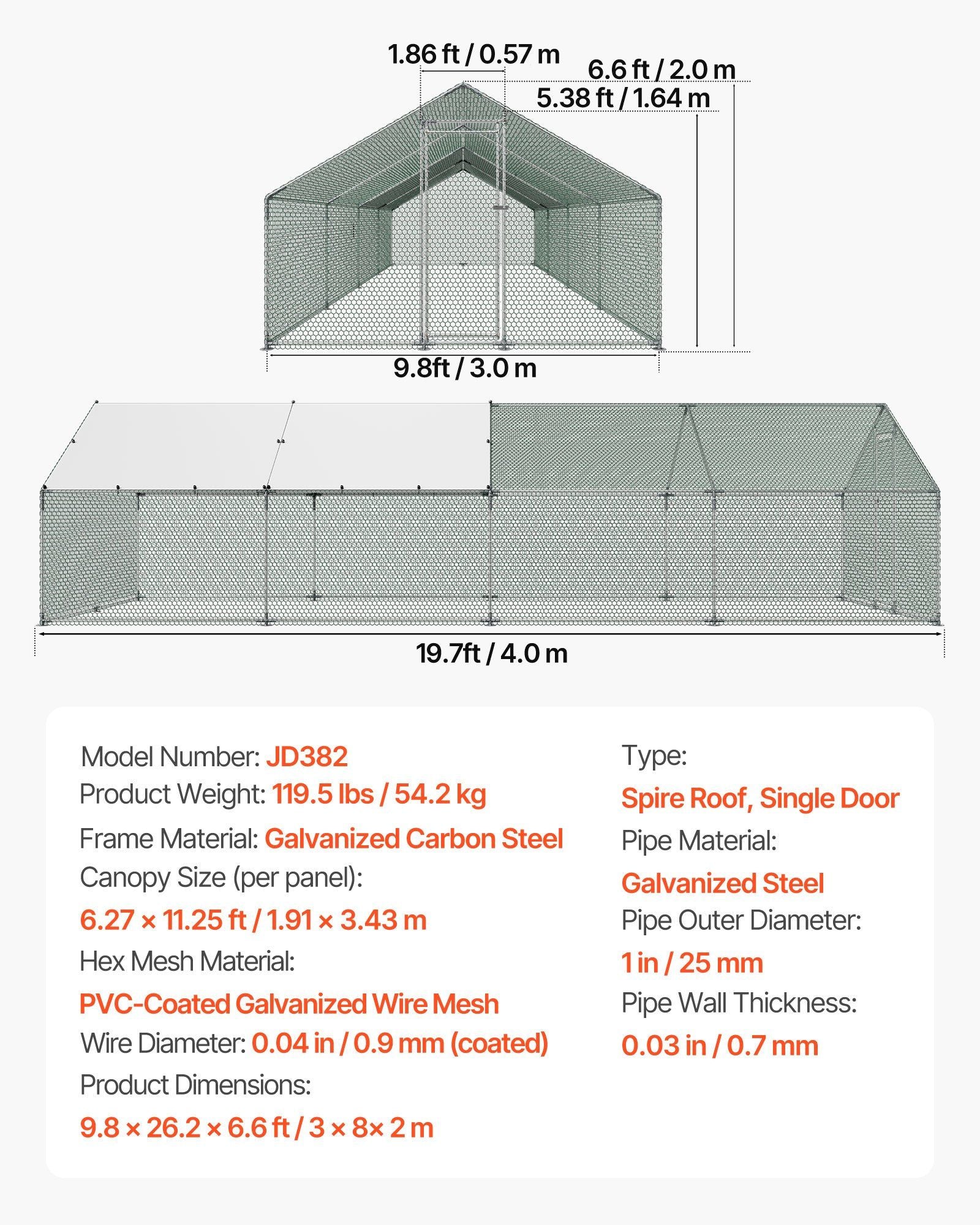 Metal Chicken Coop, 9.8x26.2x6.5 ft Large Walk-in Chicken Runs with Cover, Spire Roof Hen House Enclosure V952-JSJS382MJDDMBL240001V0