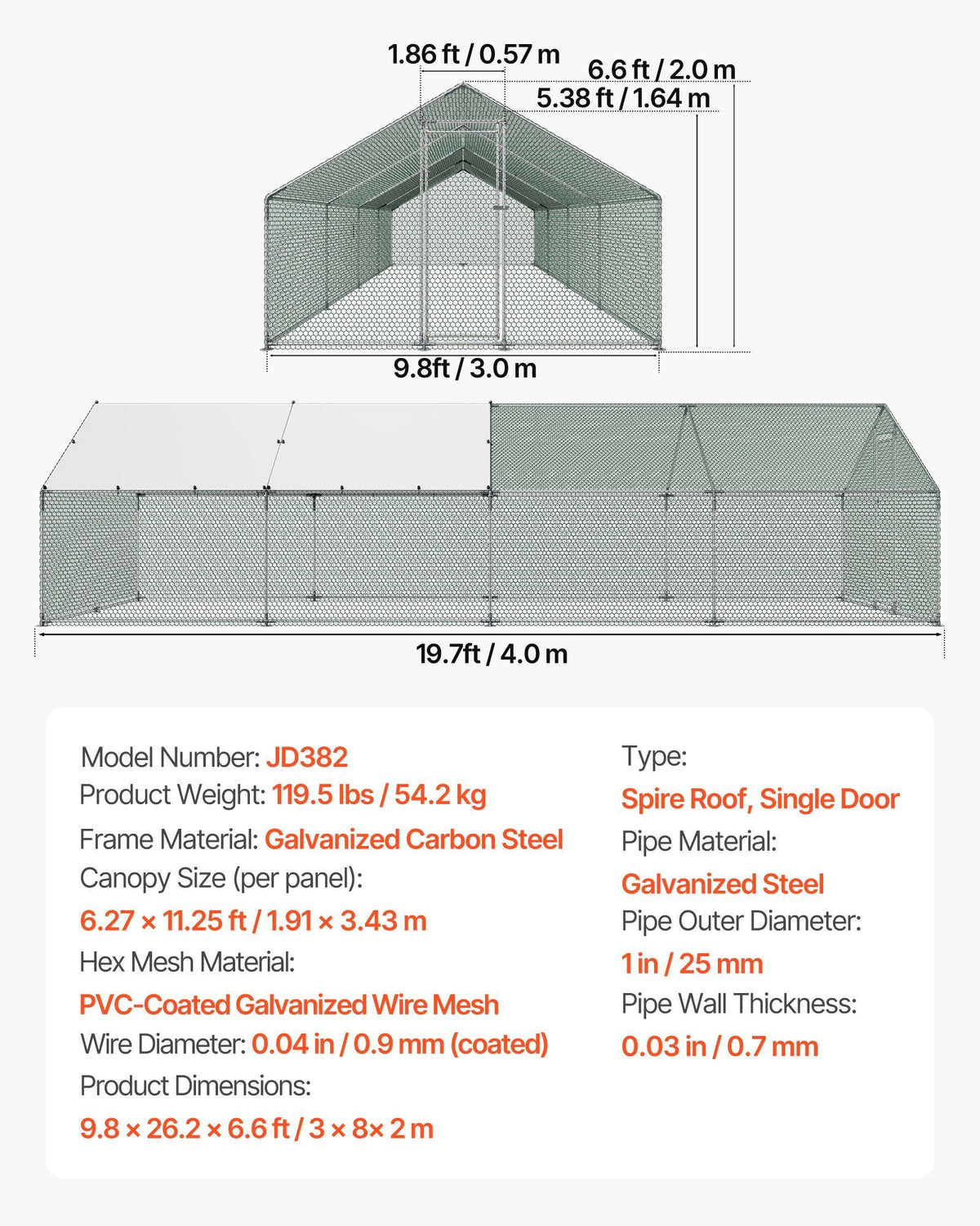 Metal Chicken Coop, 9.8x26.2x6.5 ft Large Walk-in Chicken Runs with Cover, Spire Roof Hen House Enclosure V952-JSJS382MJDDMBL240001V0