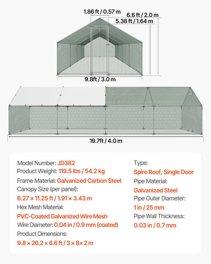 Metal Chicken Coop, 9.8x26.2x6.5 ft Large Walk-in Chicken Runs with Cover, Spire Roof Hen House Enclosure V952-JSJS382MJDDMBL240001V0