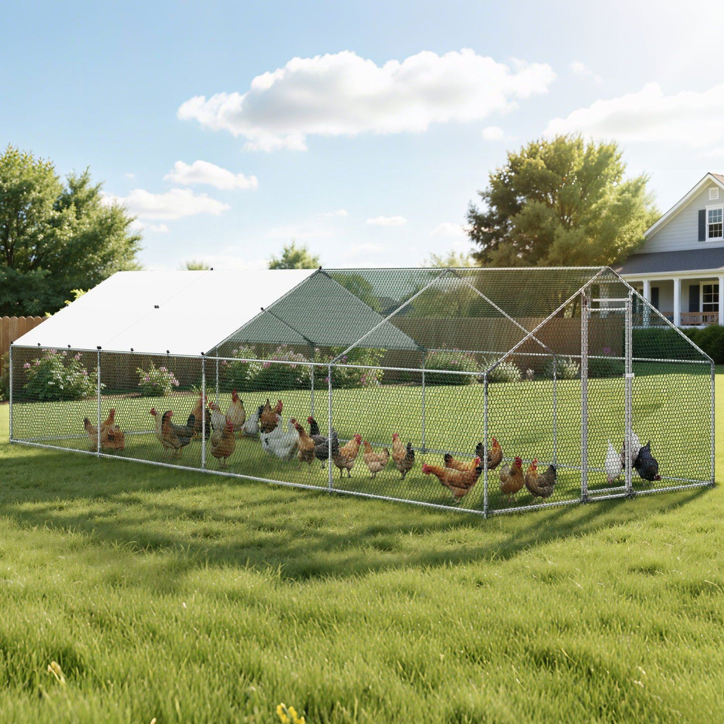 Metal Chicken Coop, 9.8x26.2x6.5 ft Large Walk-in Chicken Runs with Cover, Spire Roof Hen House Enclosure V952-JSJS382MJDDMBL240001V0