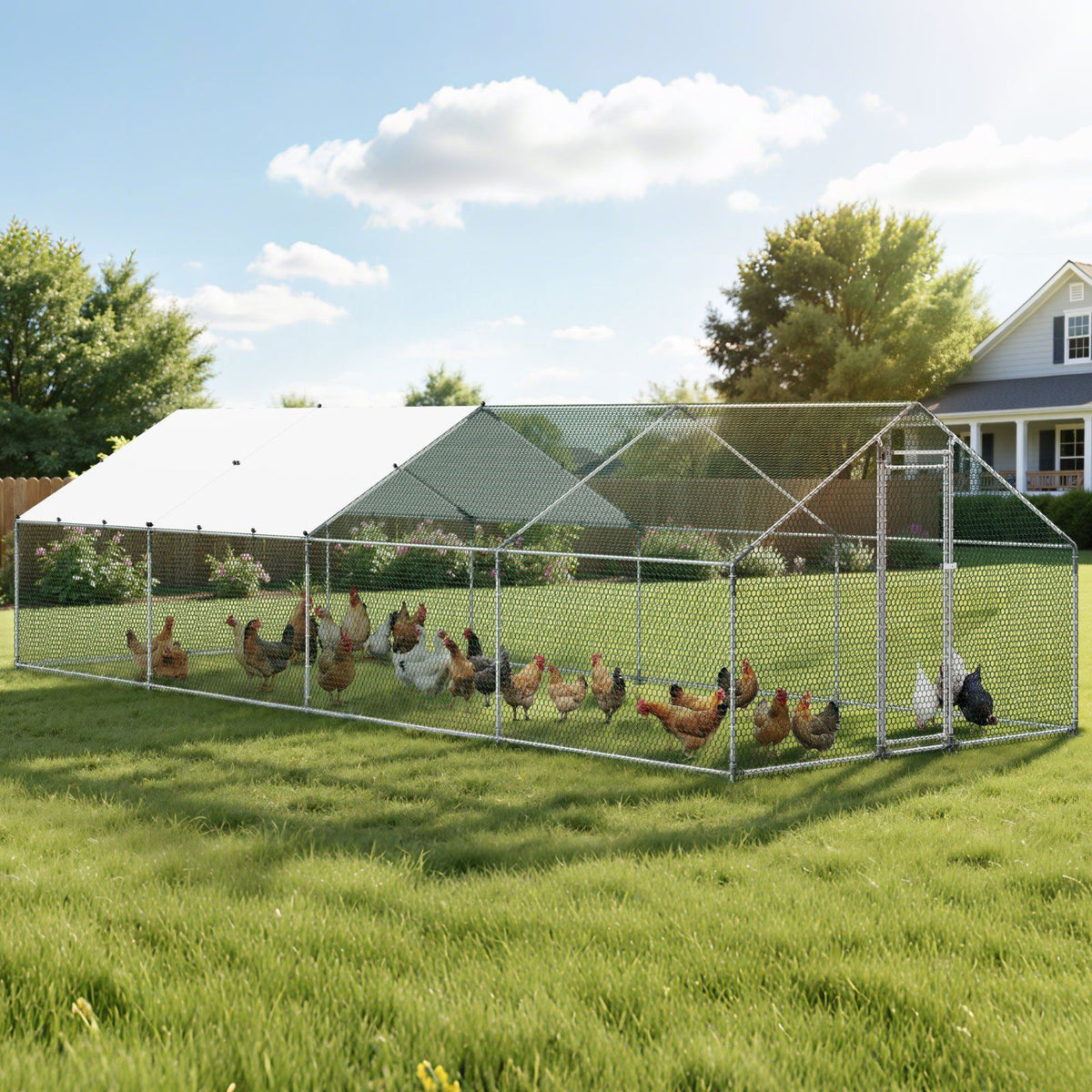 Metal Chicken Coop, 9.8x26.2x6.5 ft Large Walk-in Chicken Runs with Cover, Spire Roof Hen House Enclosure V952-JSJS382MJDDMBL240001V0