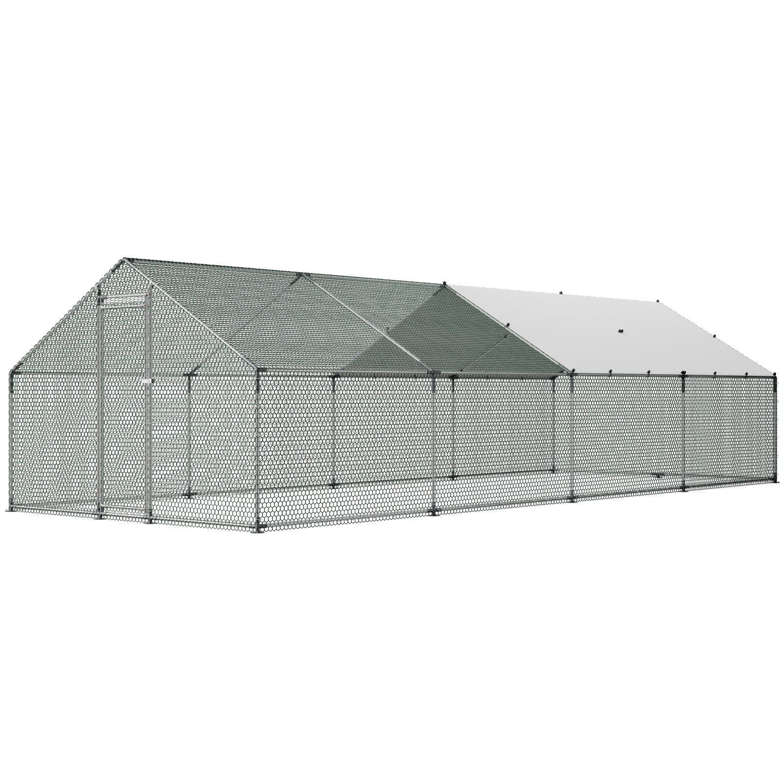 Metal Chicken Coop, 9.8x26.2x6.5 ft Large Walk-in Chicken Runs with Cover, Spire Roof Hen House Enclosure V952-JSJS382MJDDMBL240001V0