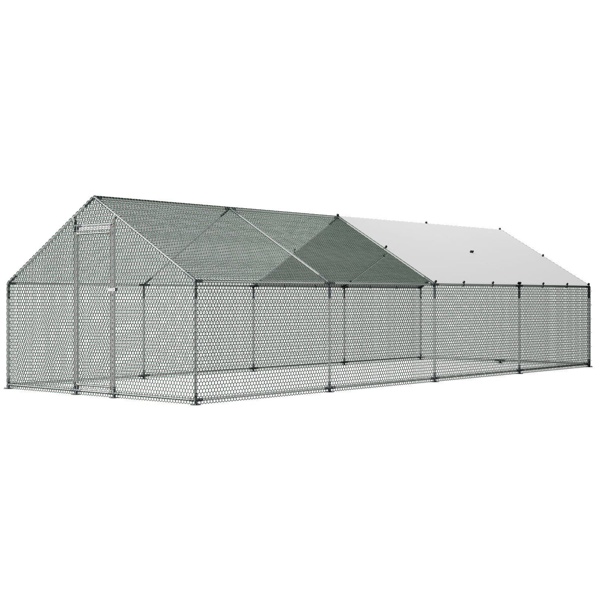 Metal Chicken Coop, 9.8x26.2x6.5 ft Large Walk-in Chicken Runs with Cover, Spire Roof Hen House Enclosure V952-JSJS382MJDDMBL240001V0