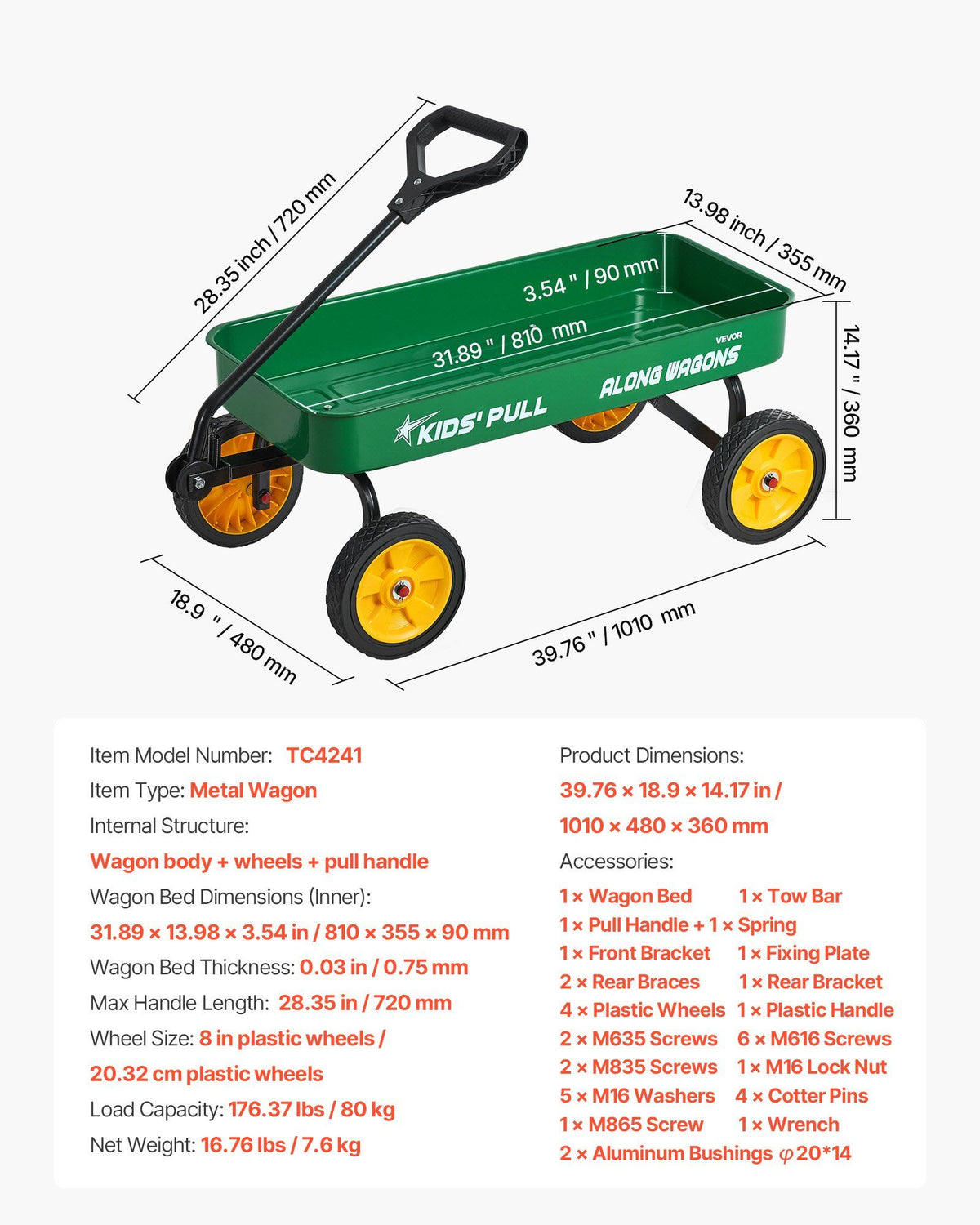 Pull-Along Wagon for Kids, 101 cm Toddler Wagons, Supports up to 80kg, All-Terrain Wagons with Handle, V952-JSKETTLC19YCV0R4A001V0