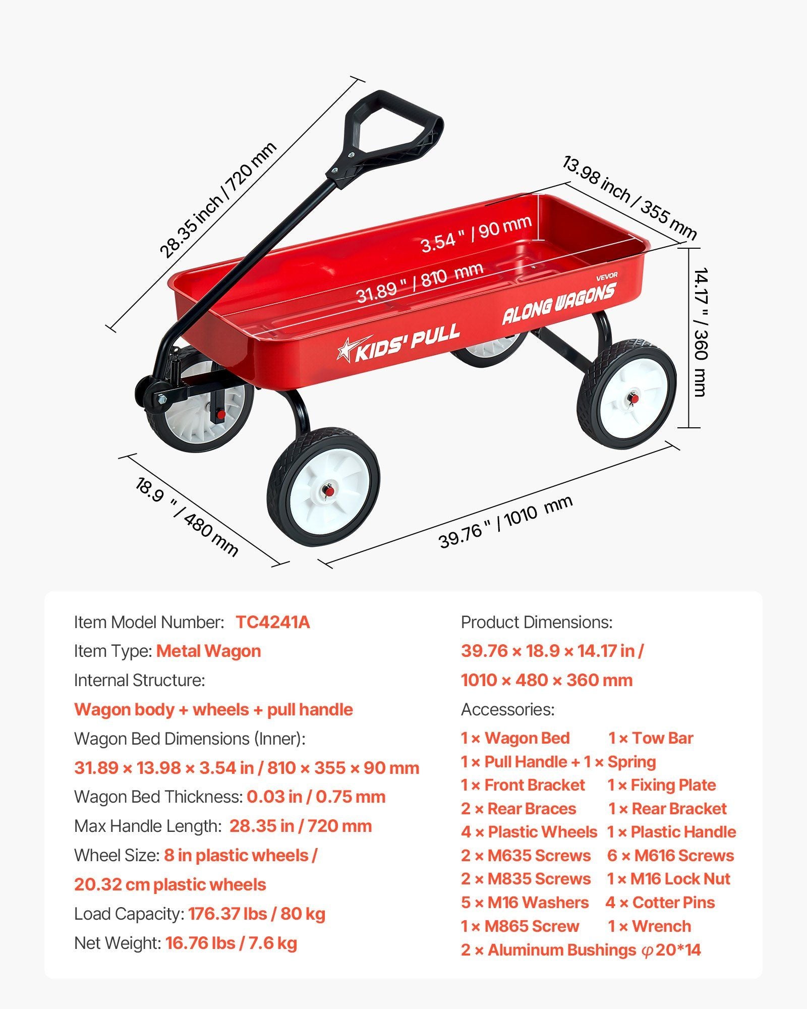 Pull-Along Wagon for Kids, 101 cm Toddler Wagons, Supports up to 80kg, All-Terrain Wagons with Handle, V952-JSKETTLC39YCTXPY0001V0