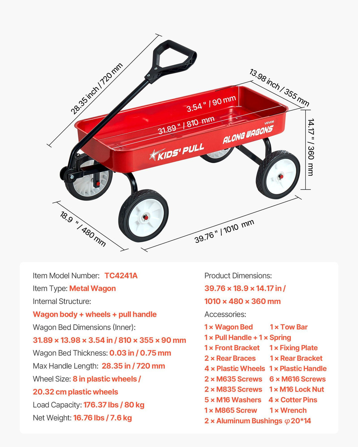 Pull-Along Wagon for Kids, 101 cm Toddler Wagons, Supports up to 80kg, All-Terrain Wagons with Handle, V952-JSKETTLC39YCTXPY0001V0