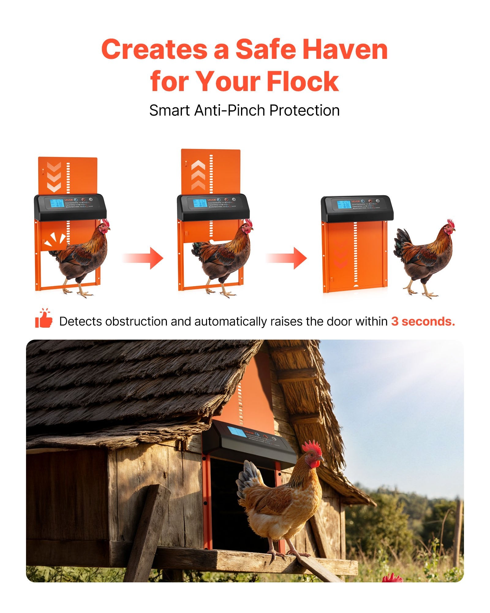 Automatic Chicken Coop Door, Battery Powered Chicken Coop Door with Timer & Manual Setting, Anti-Pinch V952-JSKMQCSSKGDCNGEKL001V9