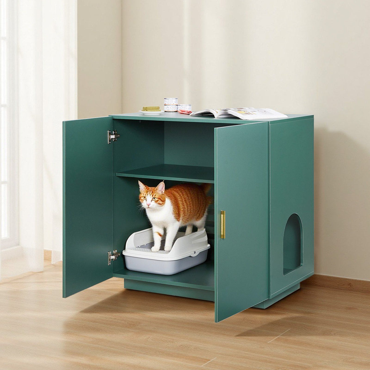 Cat Litter Box Enclosure, 80 cm Hidden Litter Box Cabinet, Wooden Indoor Cat Washroom with Ventilated Holes, V952-JSLMMSPWQ315F4YRL001V0
