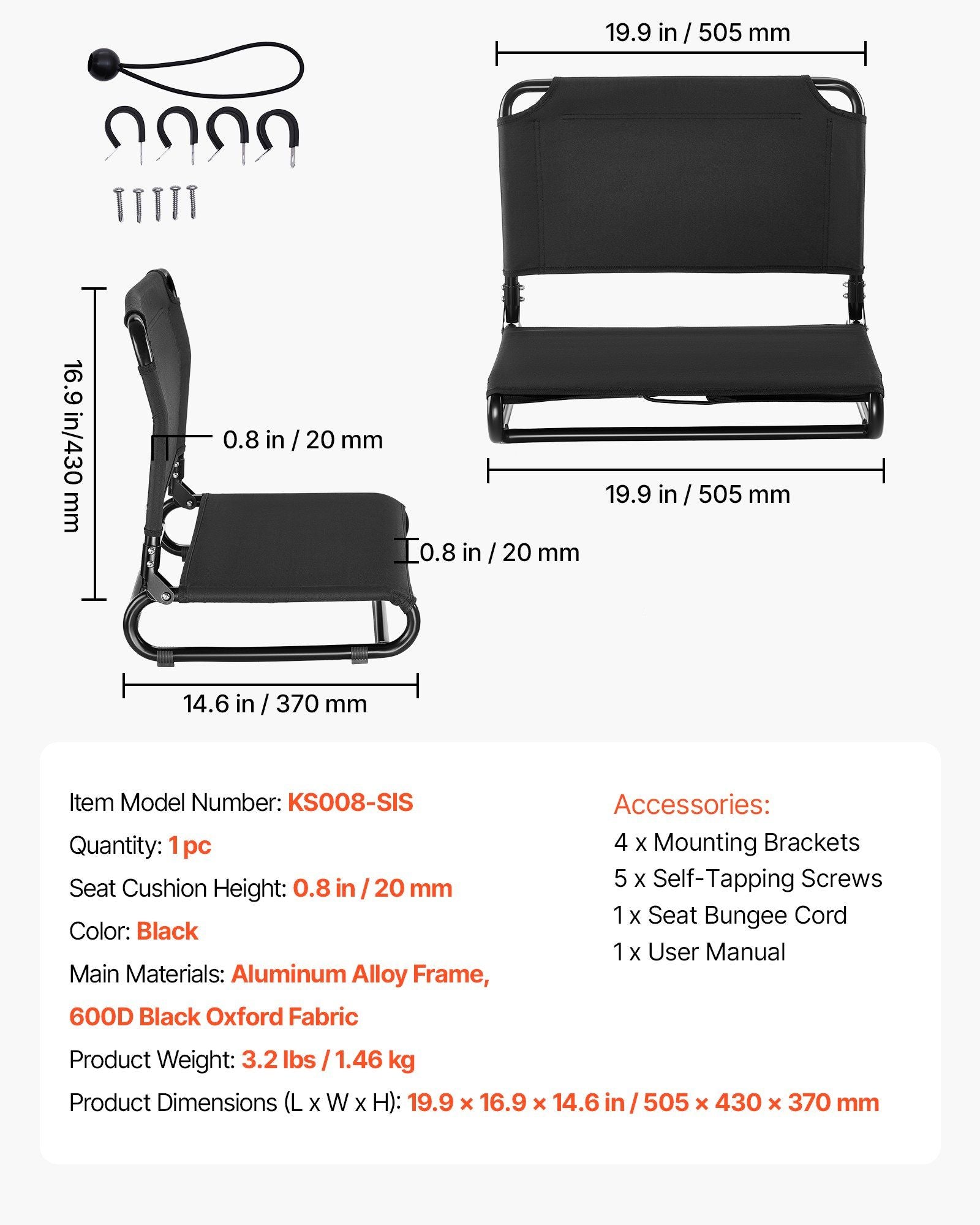 Kayak Seat, Folding Kayak Seat with Comfortable Back Support, Aluminum Alloy Frame & 600D Oxford Fabric, Easy V952-JSPHTZYJSKJFASKAH001V0