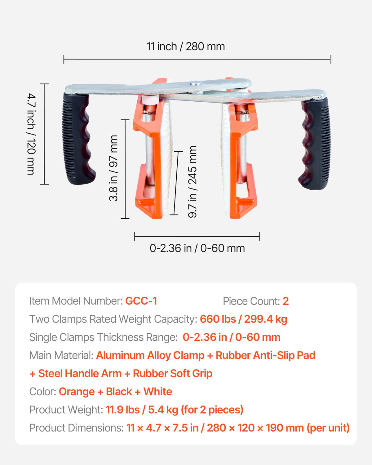 Double Handed Stone Carrying Clamps, 299 kg Load Capacity, 2 Pack Granite Panel Carriers Lifting Tools with V952-JSSTSK660LBSAAF82001V0