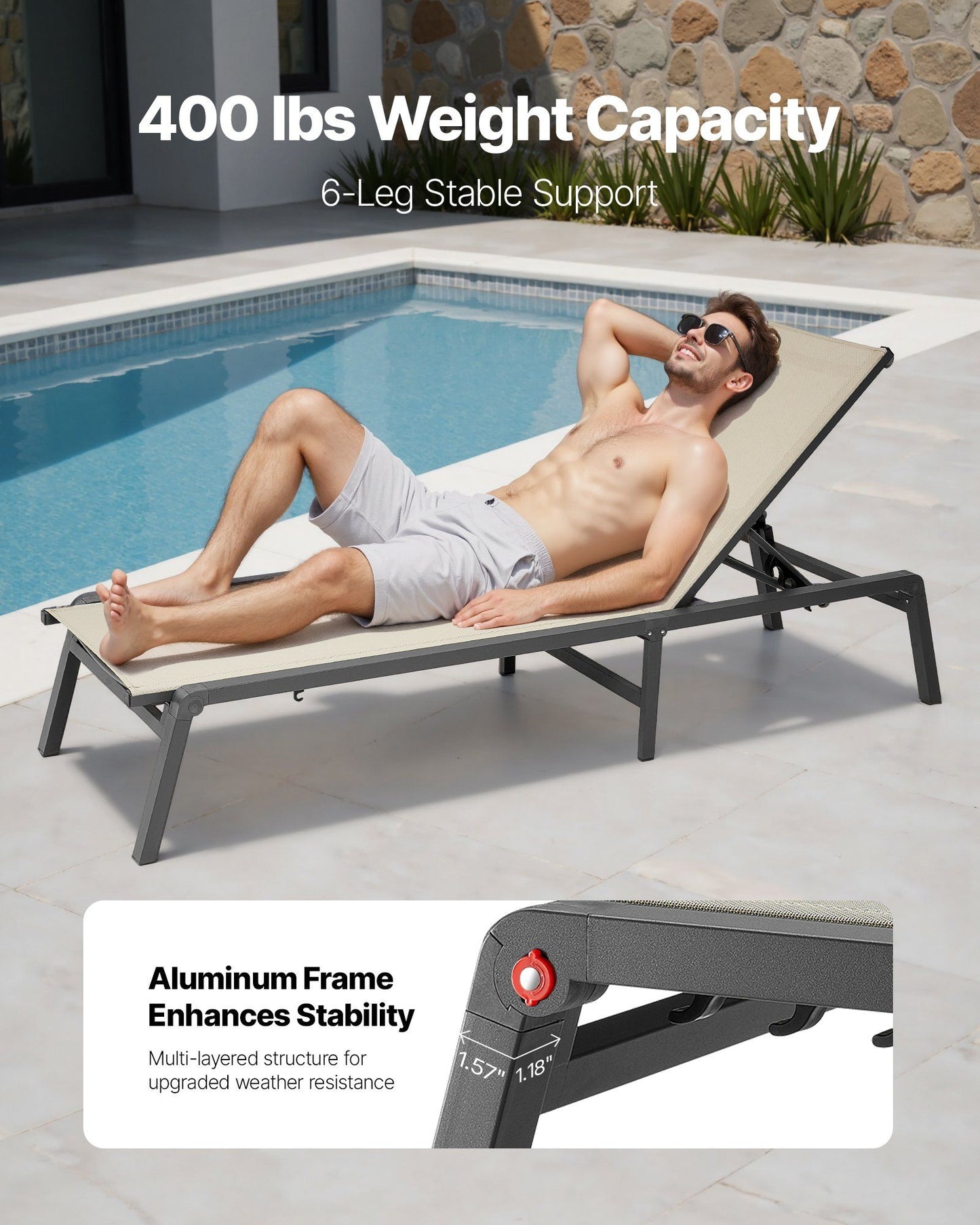Outdoor Chaise Lounge Chair, 181 kg Weight Capacity, Foldable Sun Tanning Chair, 5 Adjustable Positions, Easy V952-JSTYGDTYKQSKCV0XW001V0