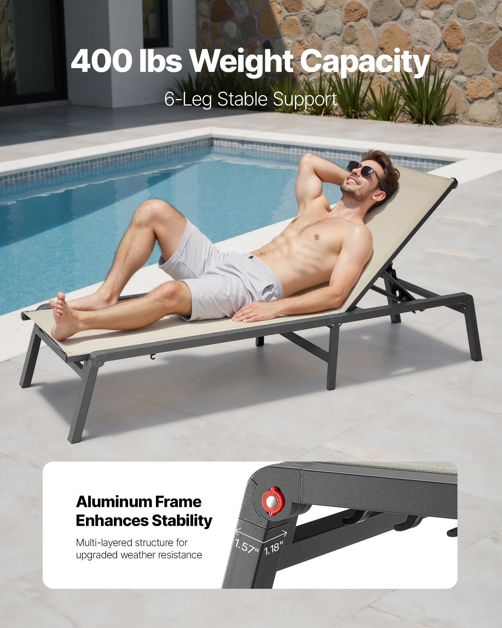 Outdoor Chaise Lounge Chair, 181 kg Weight Capacity, Foldable Sun Tanning Chair, 5 Adjustable Positions, Easy V952-JSTYGDTYKQSKCV0XW001V0
