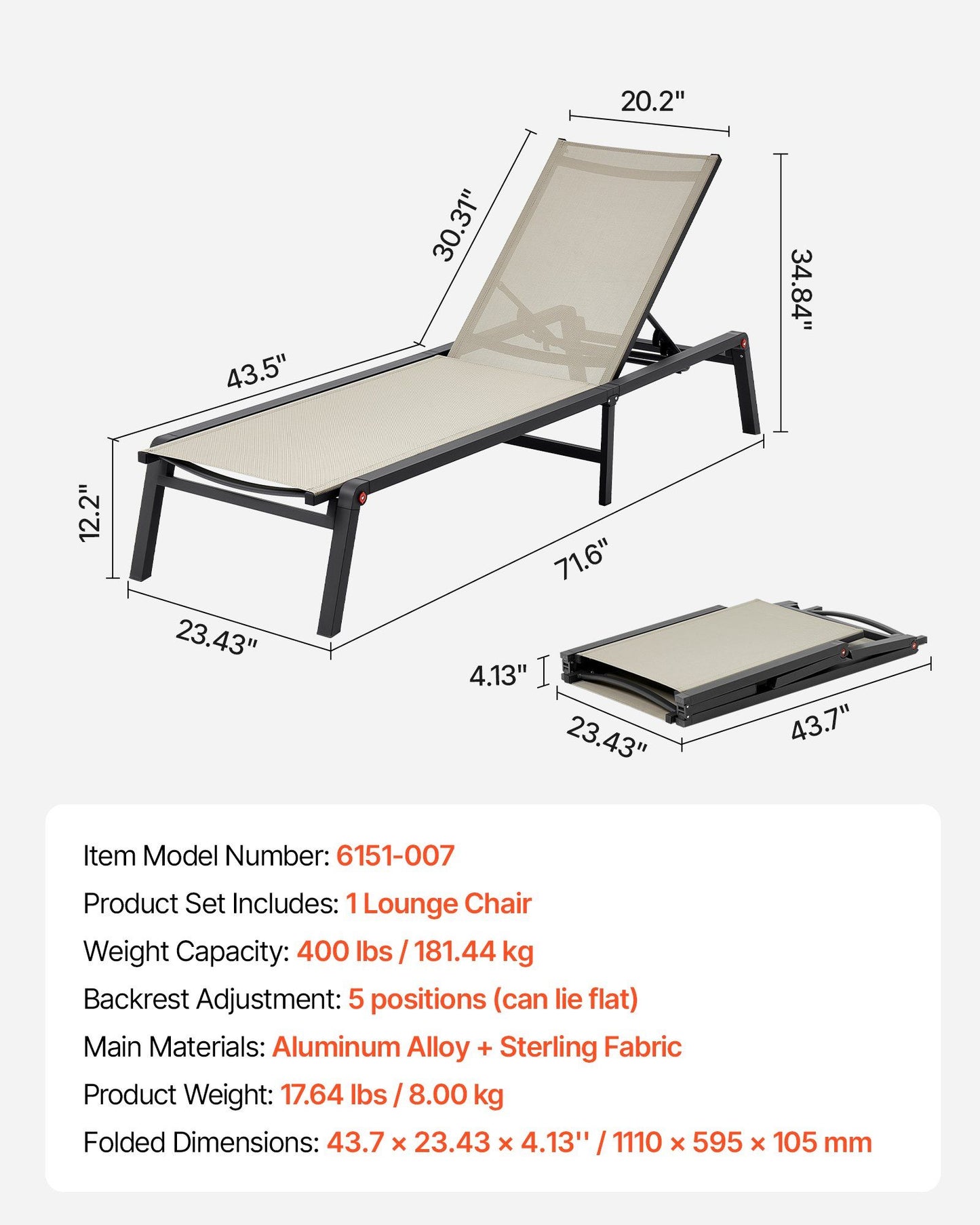 Outdoor Chaise Lounge Chair, 181 kg Weight Capacity, Foldable Sun Tanning Chair, 5 Adjustable Positions, Easy V952-JSTYGDTYKQSKCV0XW001V0