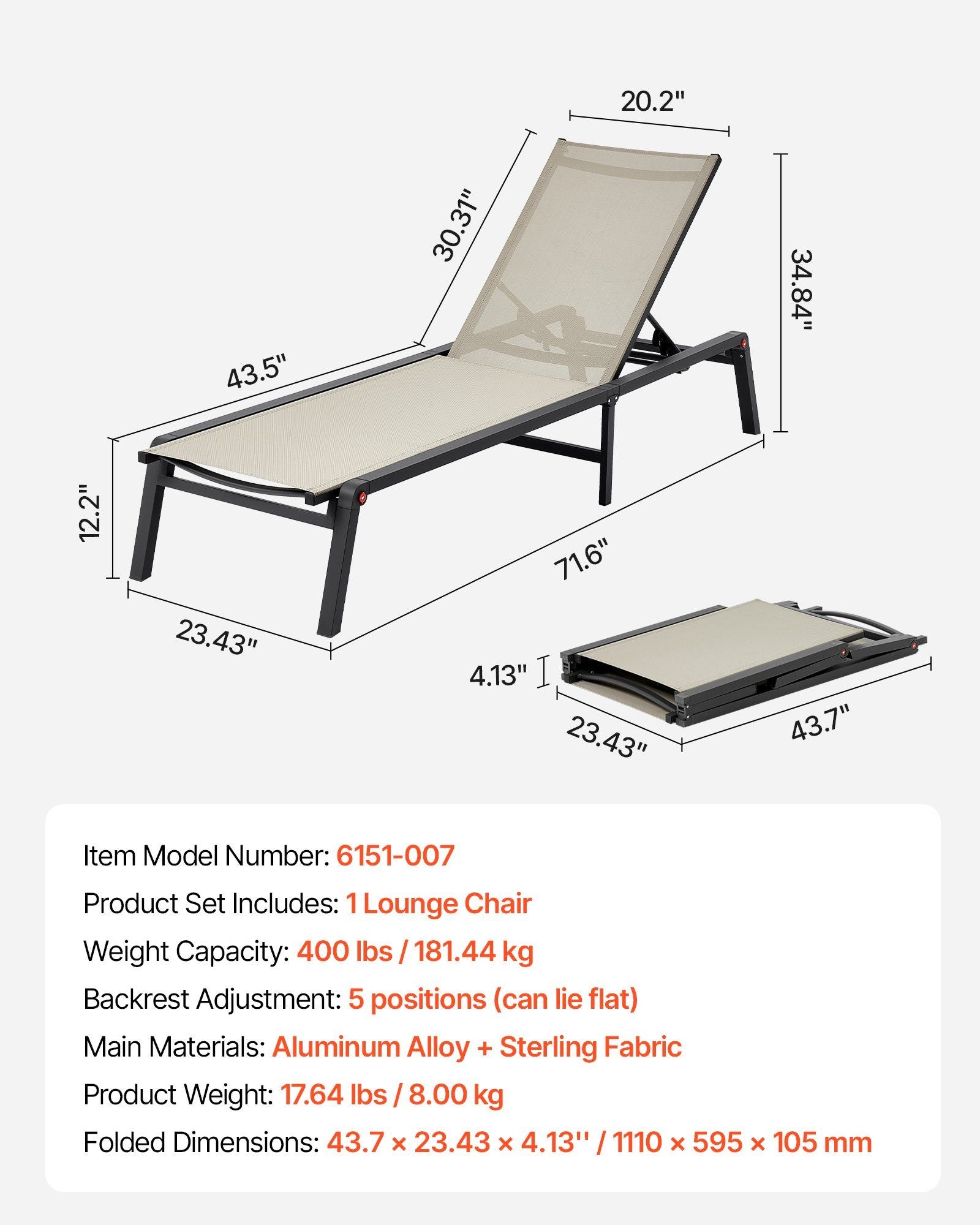 Outdoor Chaise Lounge Chair, 181 kg Weight Capacity, Foldable Sun Tanning Chair, 5 Adjustable Positions, Easy V952-JSTYGDTYKQSKCV0XW001V0