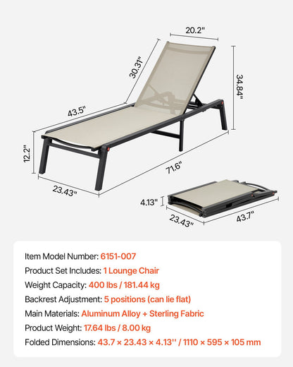 Outdoor Chaise Lounge Chair, 181 kg Weight Capacity, Foldable Sun Tanning Chair, 5 Adjustable Positions, Easy V952-JSTYGDTYKQSKCV0XW001V0