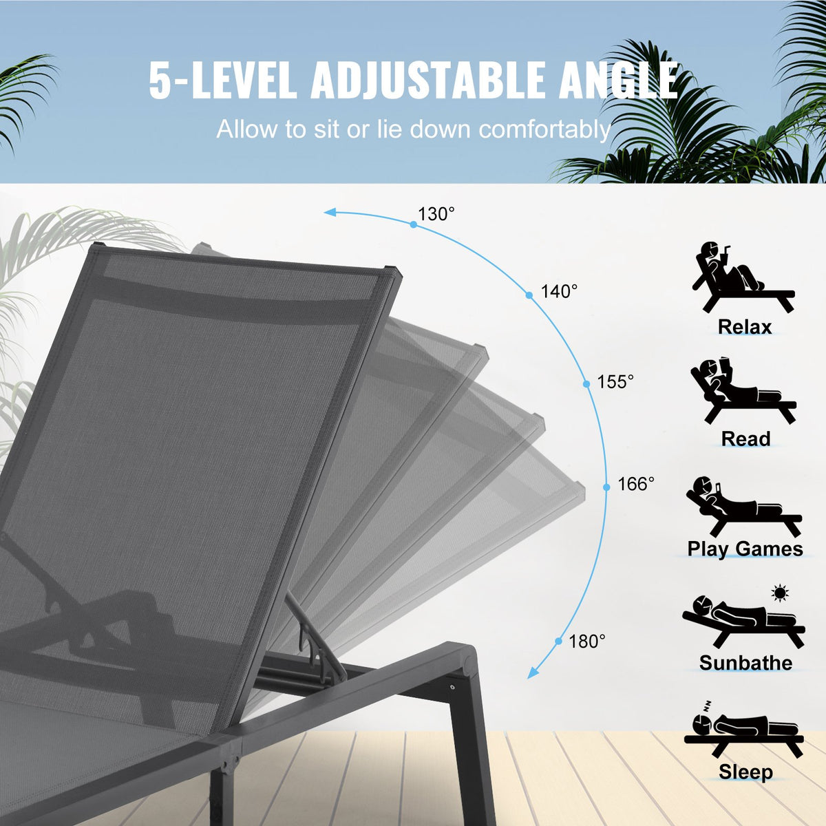 Chaise Lounge Chair Outdoor, Aluminum Patio Lounge Chair with Adjustable 5-Position, Folding Pool Lounge V952-JSTYGDTYSHSKFZGT3V0