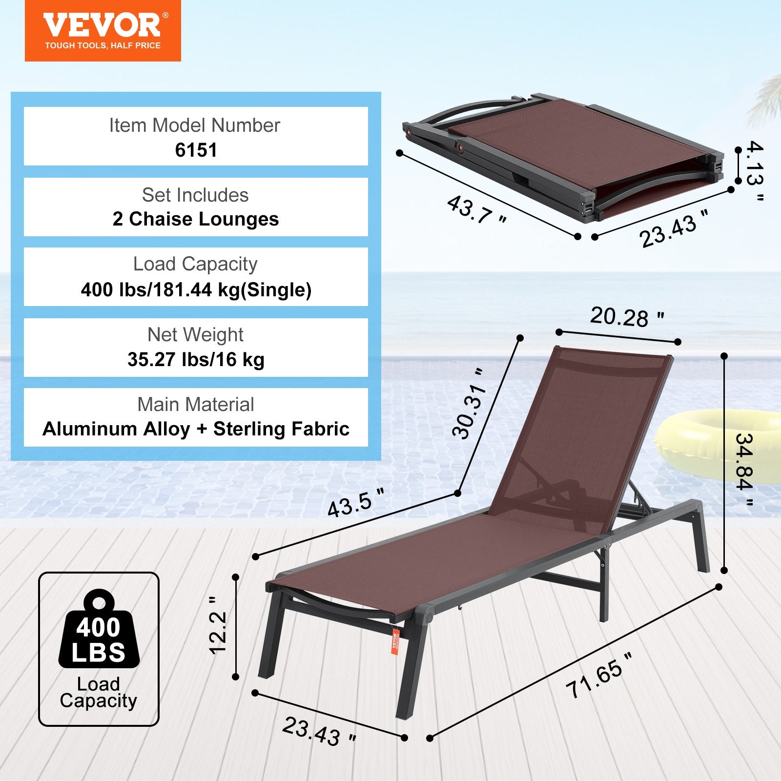 Chaise Lounge Chair Outdoor Patio Lounge Chair Adjustable 5-Position 2 pcs V952-JSTYGDTYZSKZ22E76V0