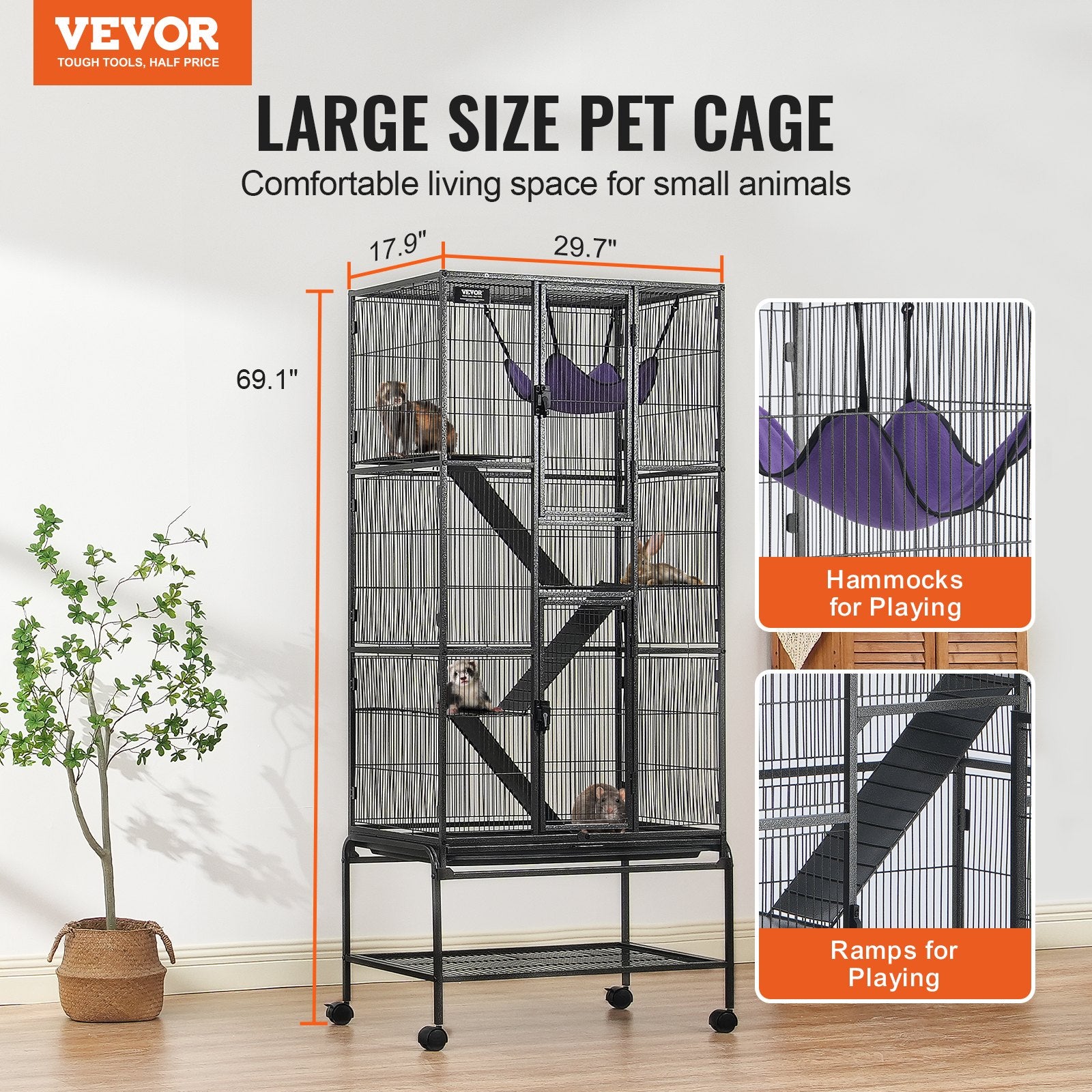69" Metal Small Animal Cage 4-Tier Rolling Ferret Cage with Tray 3 Ramps V952-JSXDL301869I2SROXV0