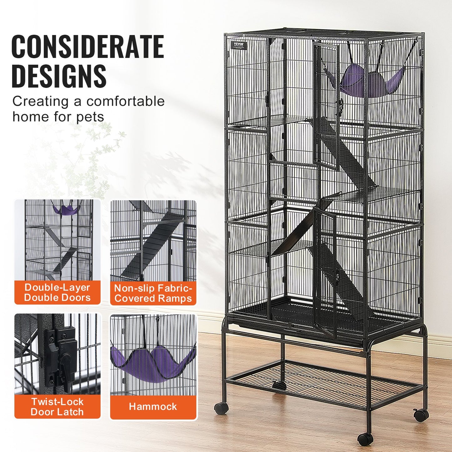 69" Metal Small Animal Cage 4-Tier Rolling Ferret Cage with Tray 3 Ramps V952-JSXDL301869I2SROXV0