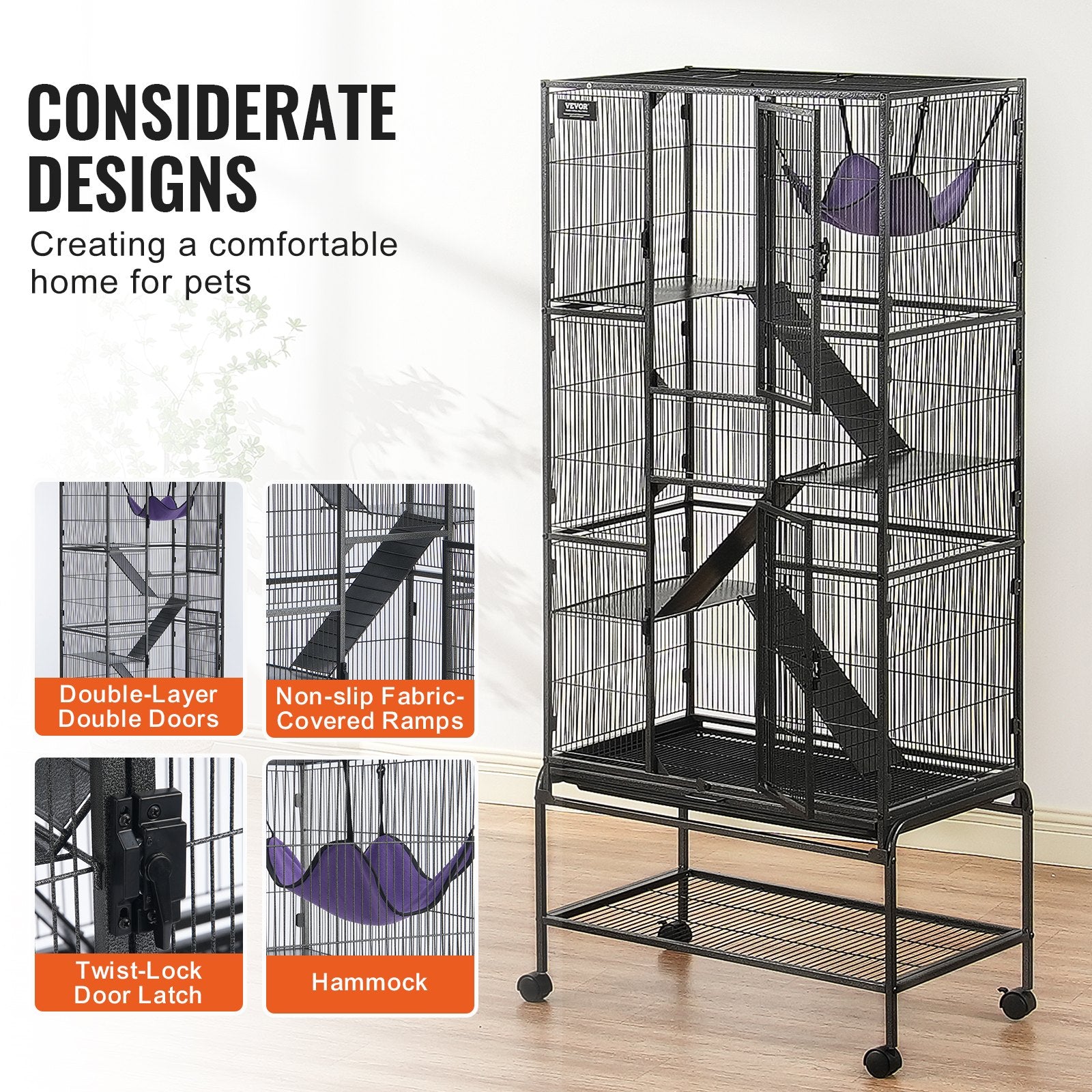 69" Metal Small Animal Cage 4-Tier Rolling Ferret Cage with Tray 3 Ramps V952-JSXDL301869I2SROXV0